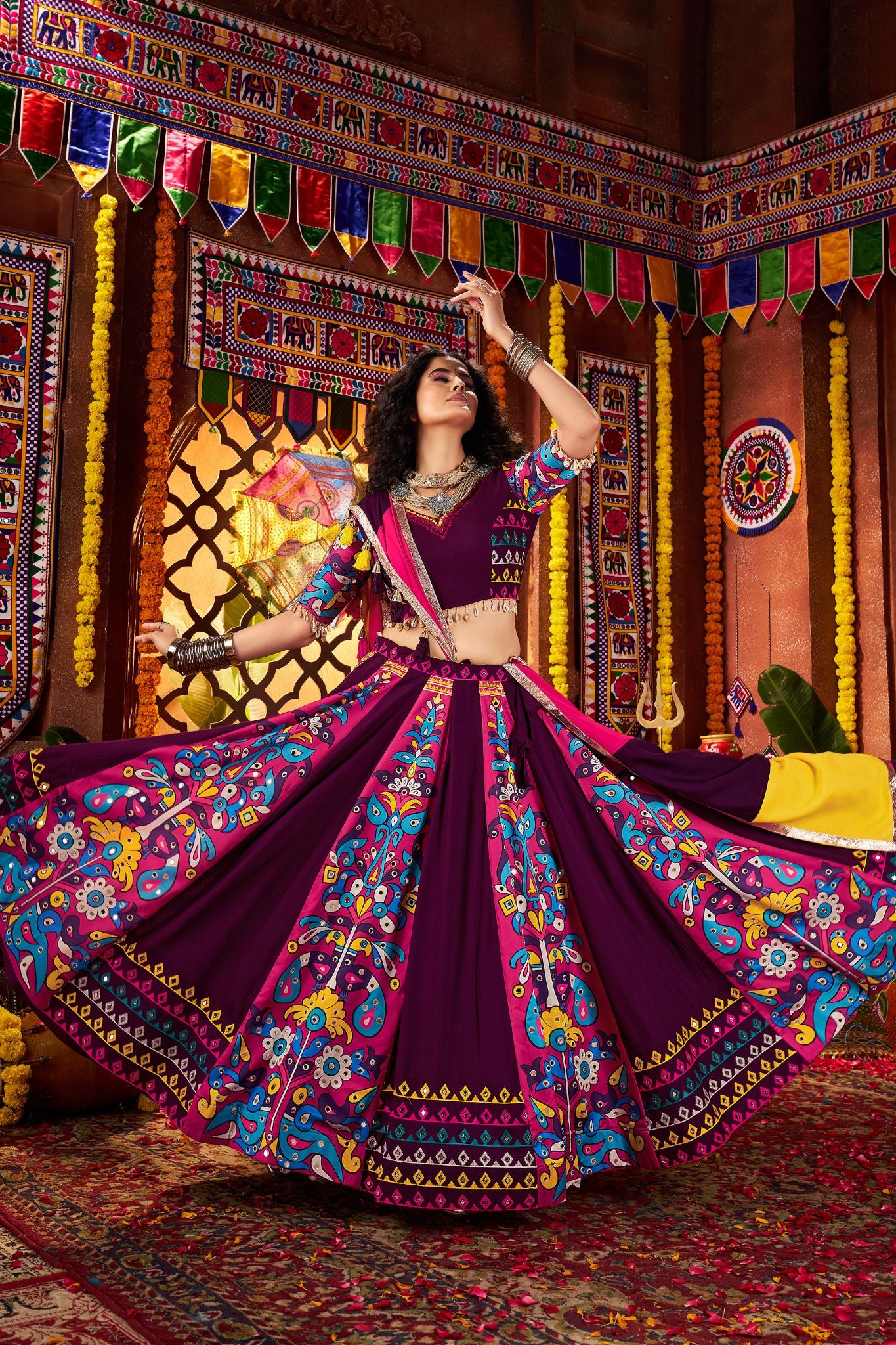 Designer Purple Navratri Special Lehenga Choli With Mirror And Hand Embroidery Work