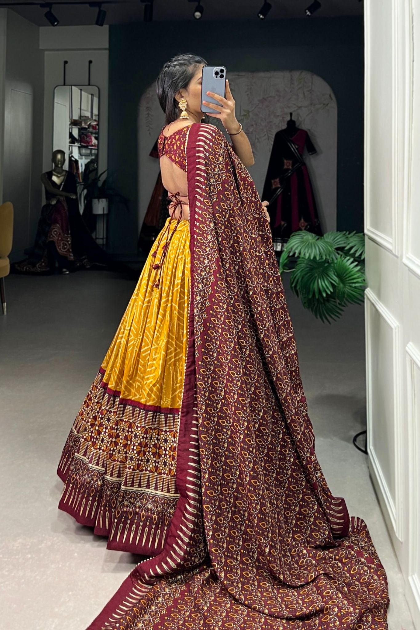 Bandhej With Ajarakh Print Silk Lehenga Choli