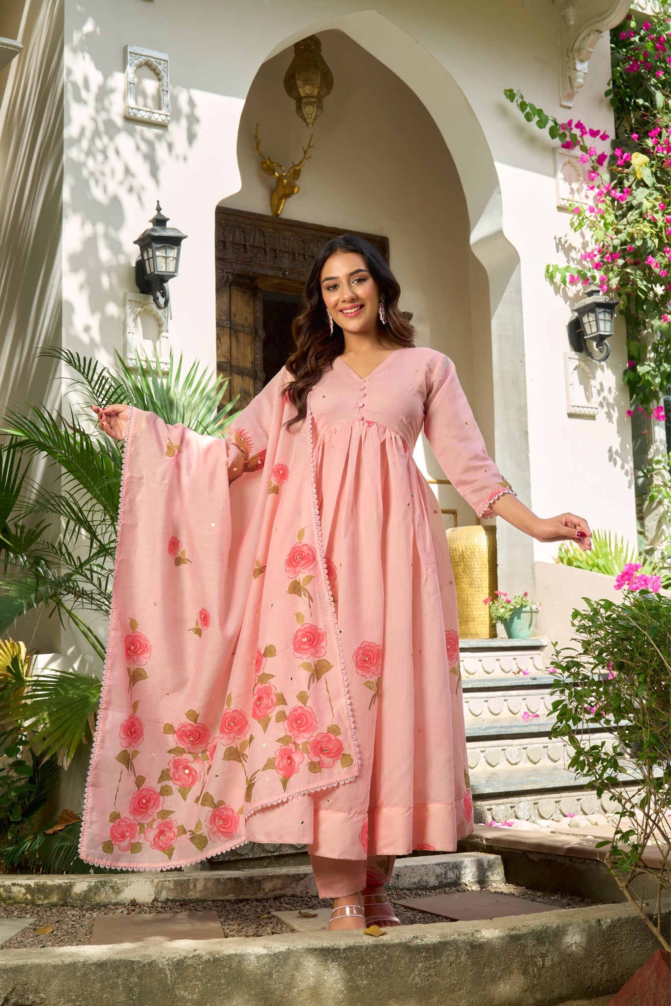 Pure Chanderi Floral Anarkali Suit Set With Palazzo Dupatta For Women