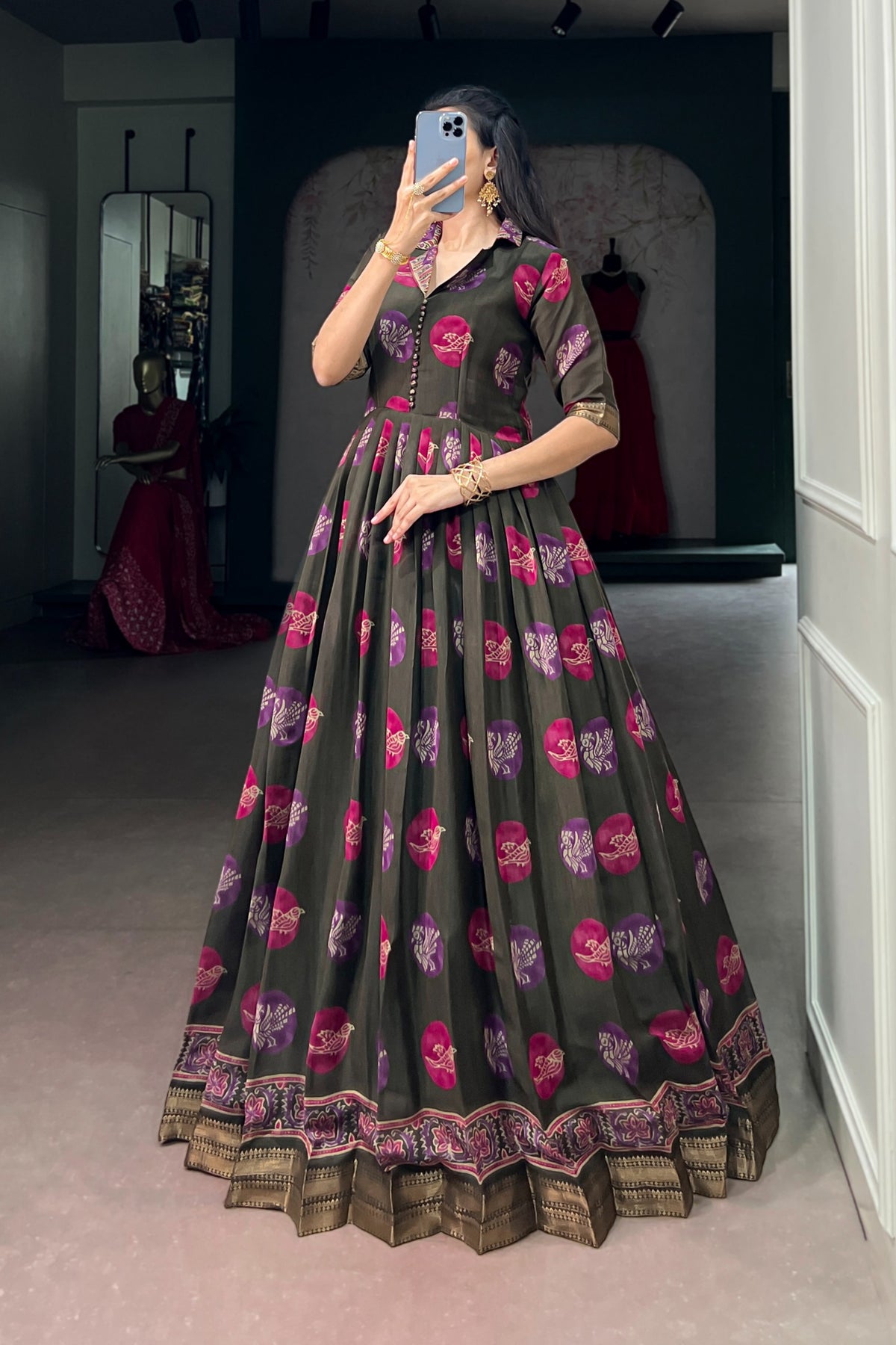 Designer Chanderi Printed Gown For Festive Wear