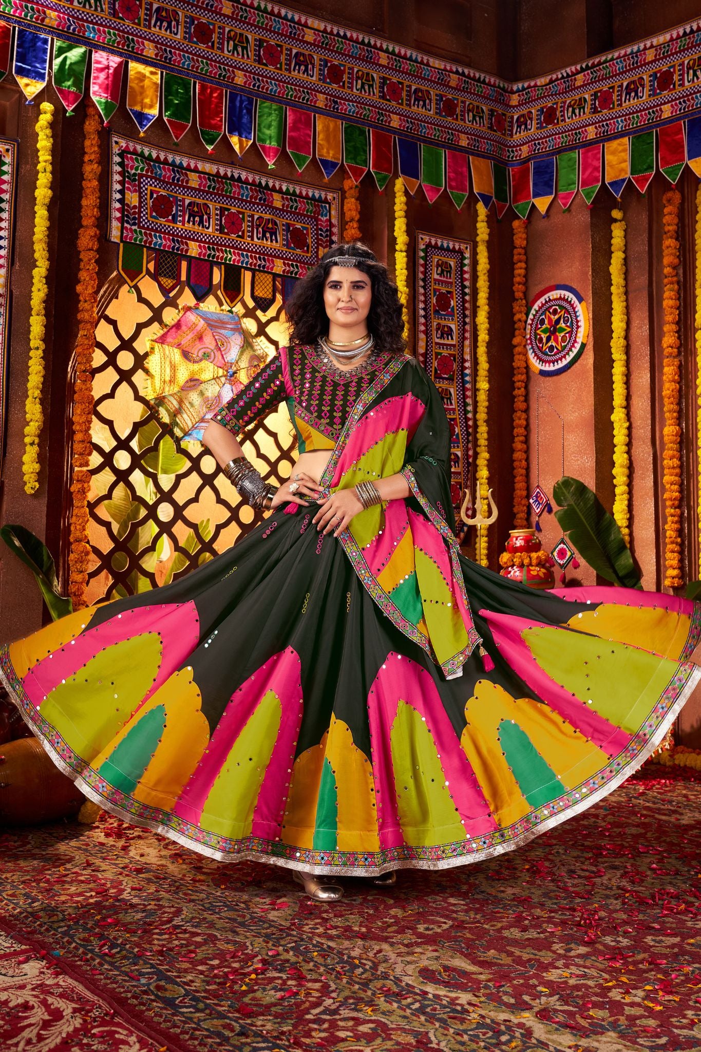 Designer Black Navratri Lehenga Choli Print With Mirror And Embroidery Work