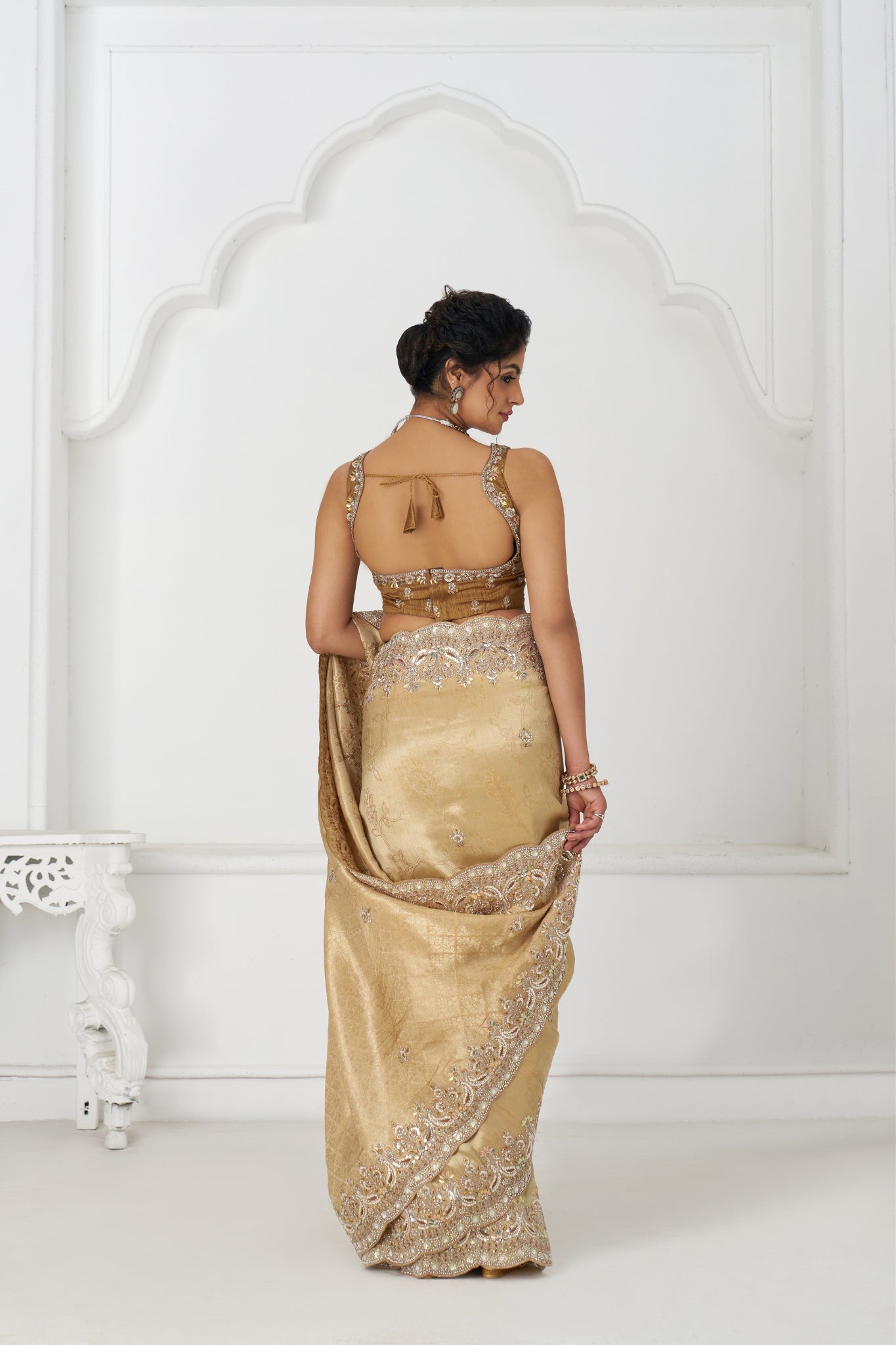 Golden Dola Viscose Silk Saree For Wedding With Beads Embroidery & Sequins Work