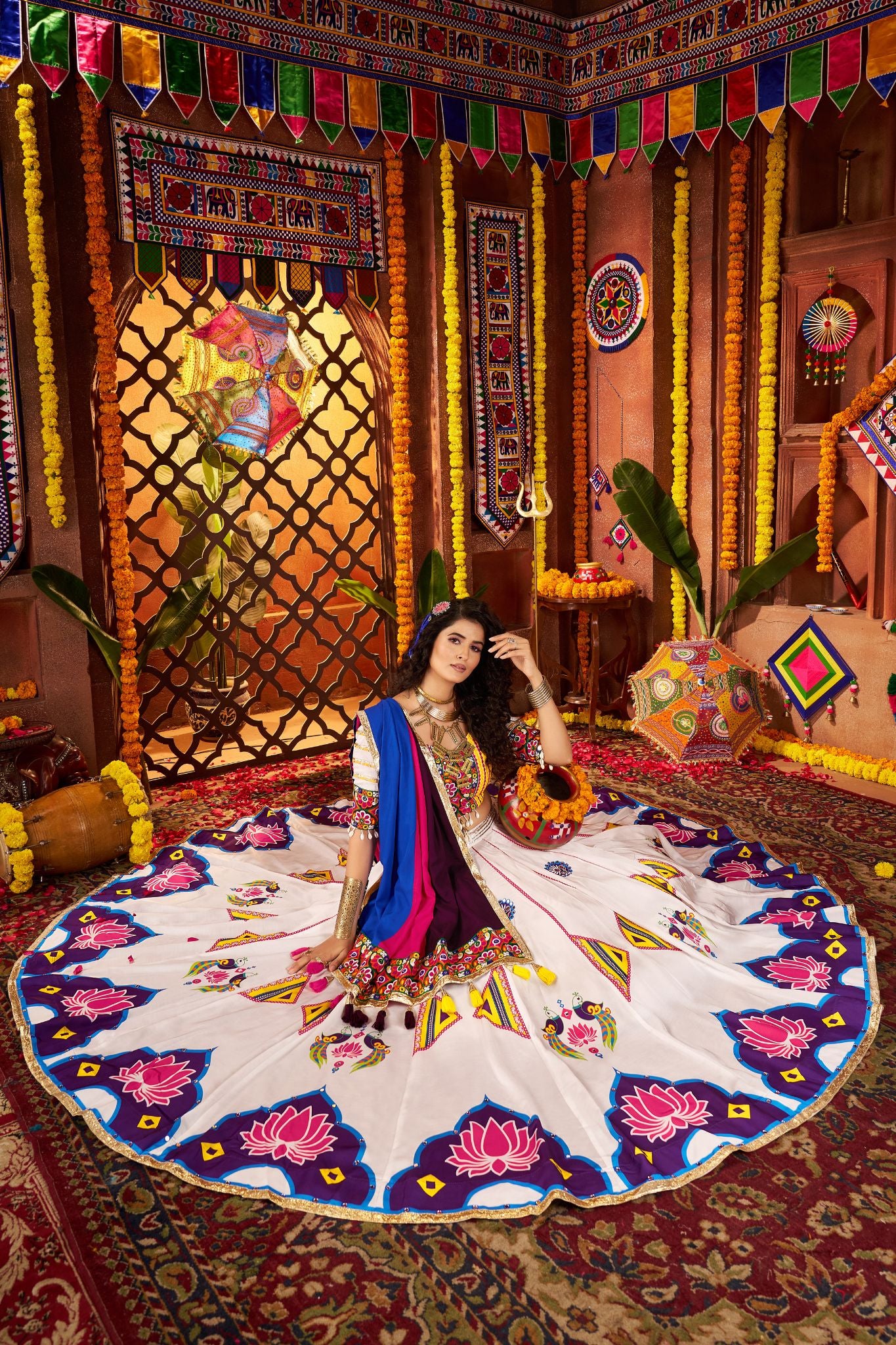 Designer White Navratri Lehenga Choli With Mirror And Hand Embroidery Work