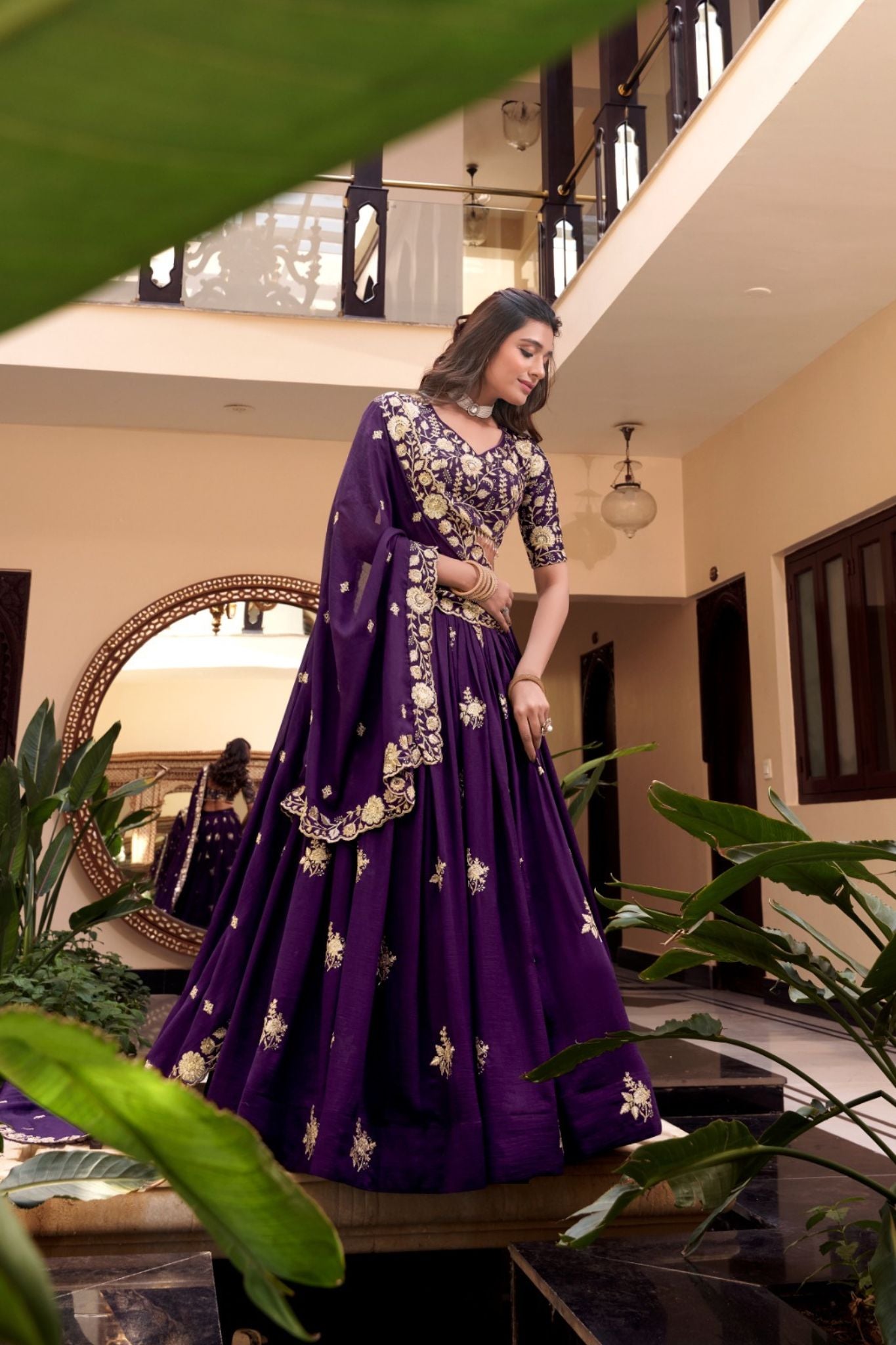 Royal Purple Vichitra Silk Sequins Embroidered Lehenga Choli Set