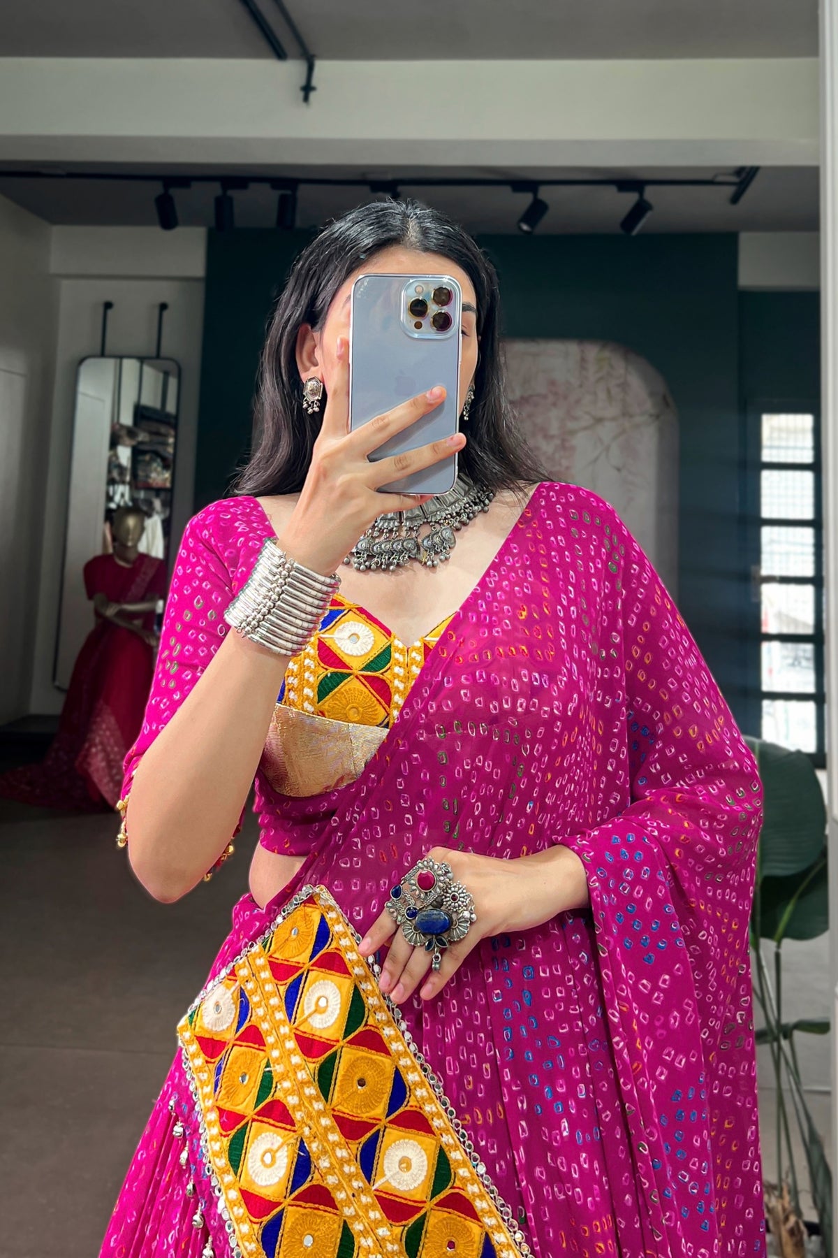 Designer Navratri Lehenga Choli In Bandhej Print Georgette With Gamthi Work Dupatta