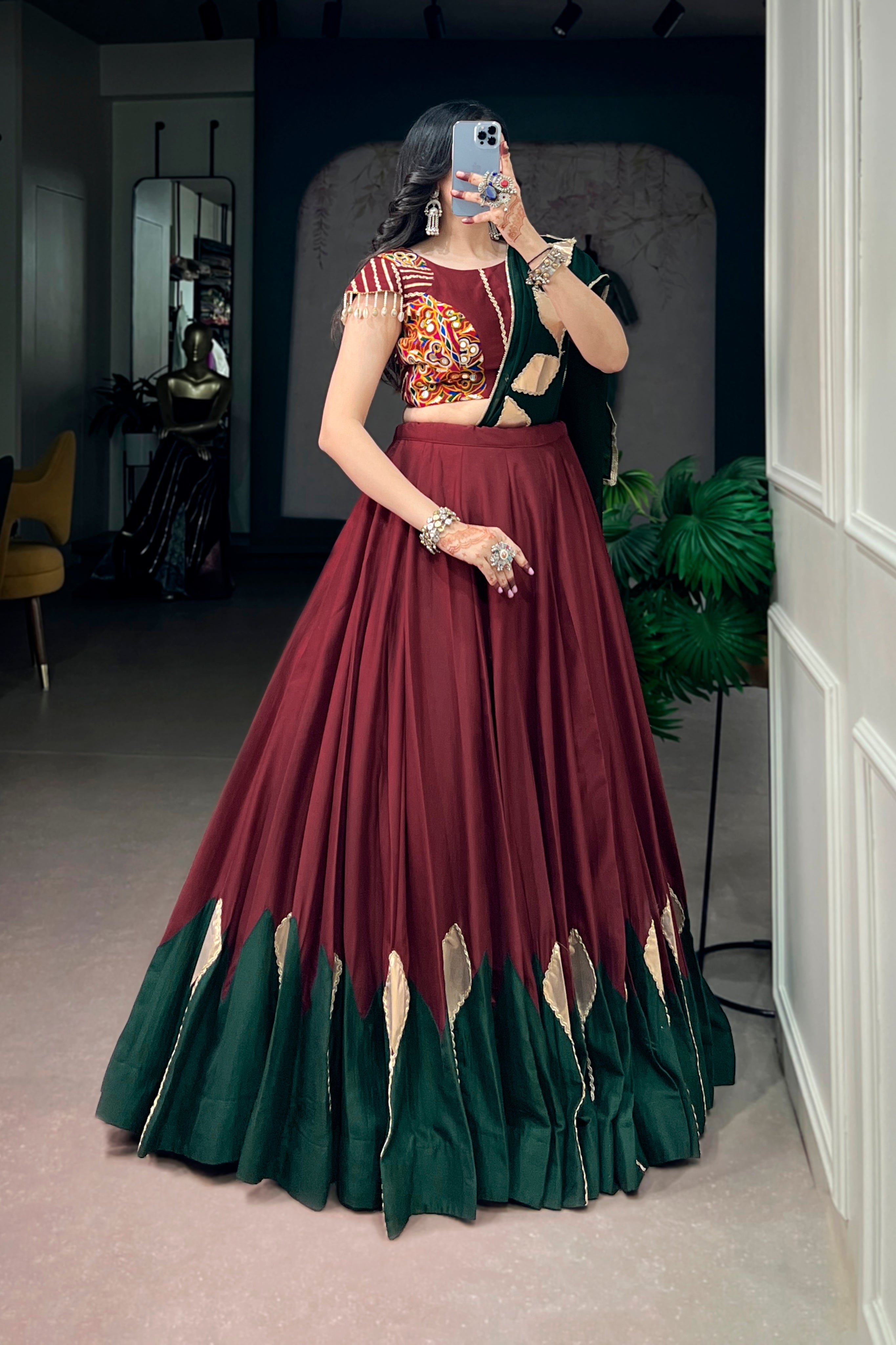 Navratri Special Designer Maroon-Green Traditional Lehenga Choli