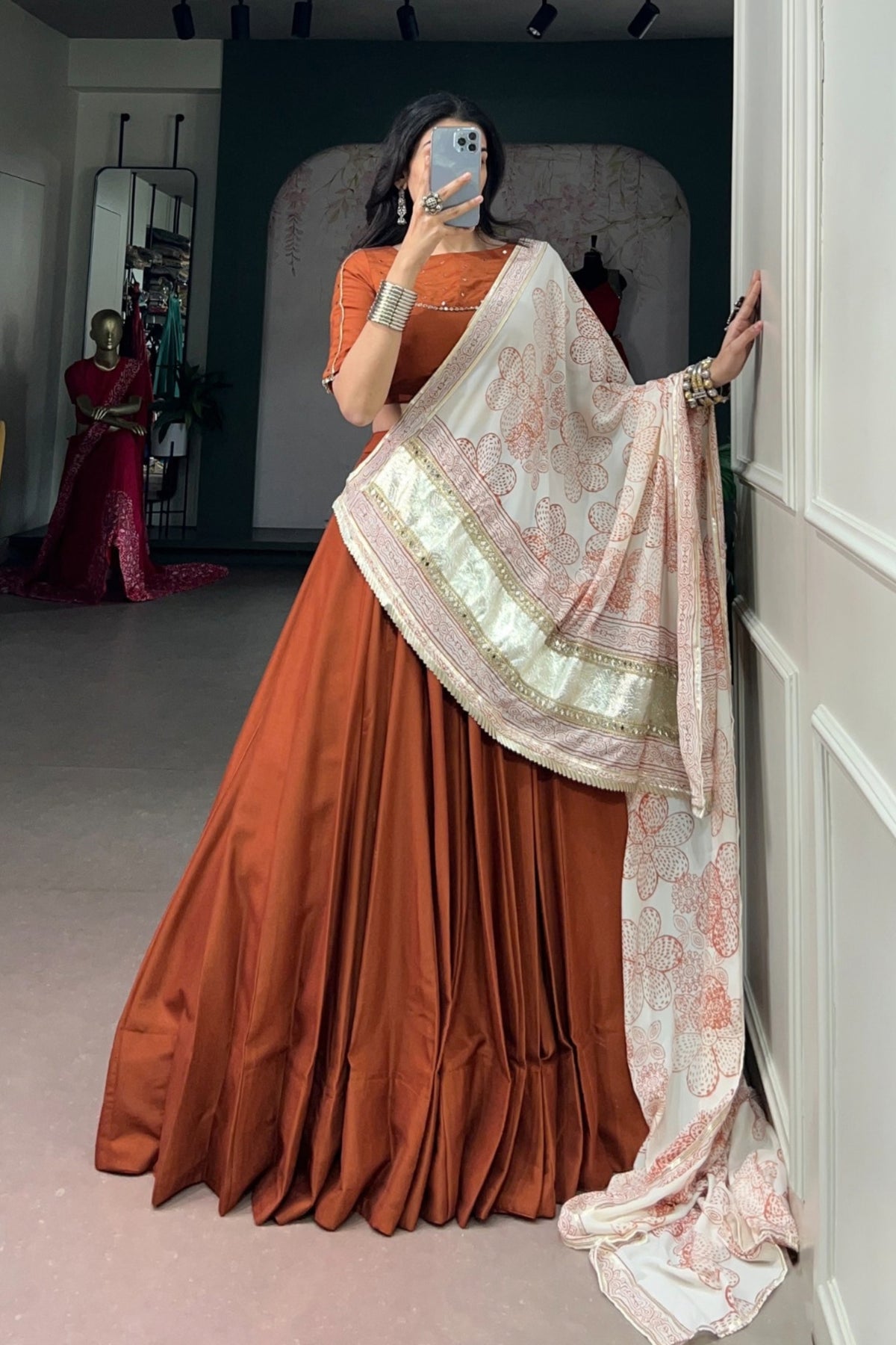 Designer Satin Silk Lehenga Choli With Floral Printed mirror Work Detailing Dupatta