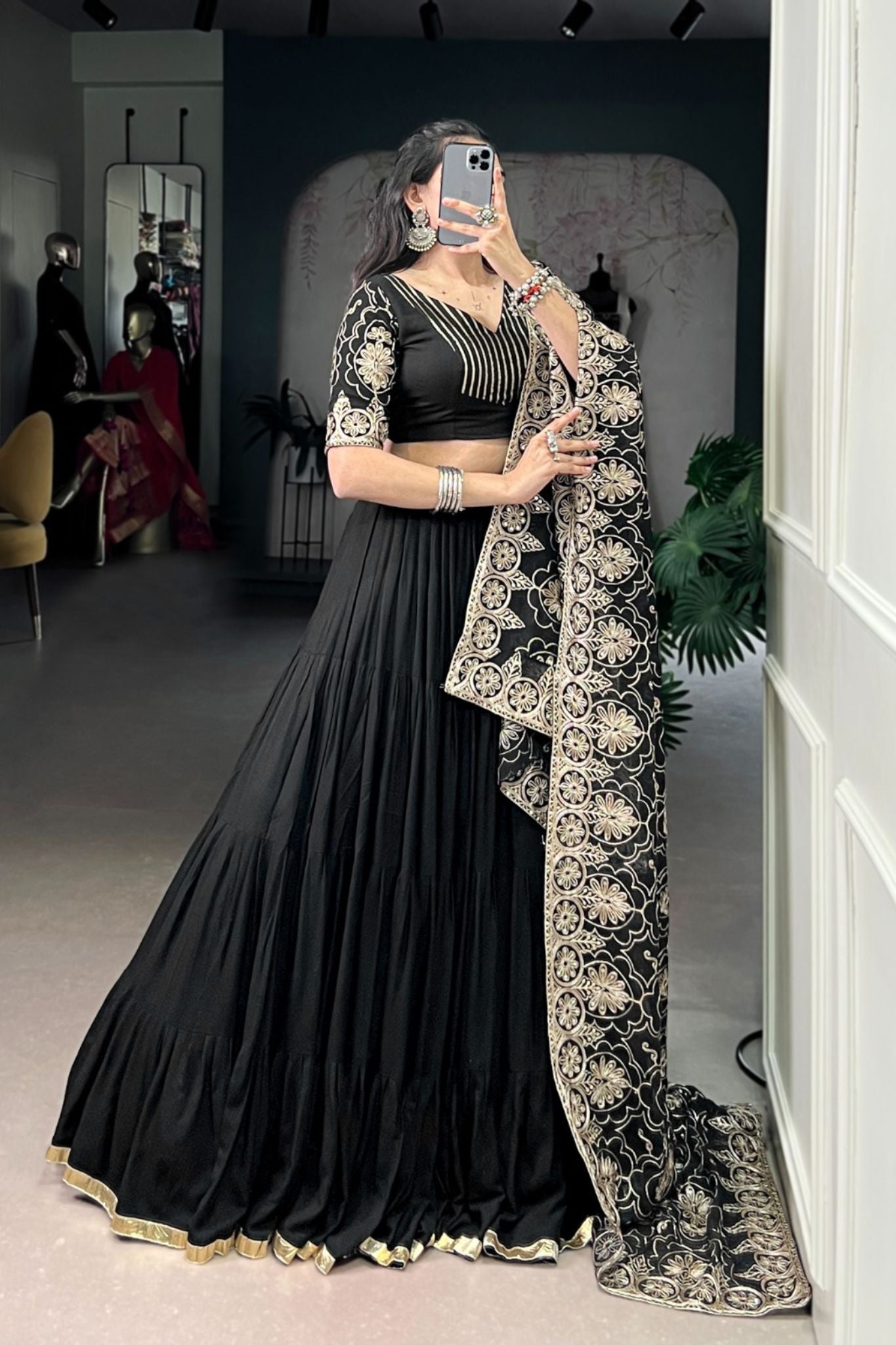 Black Embossed Designer Beautiful Full Flair Navratri Lehenga Choli