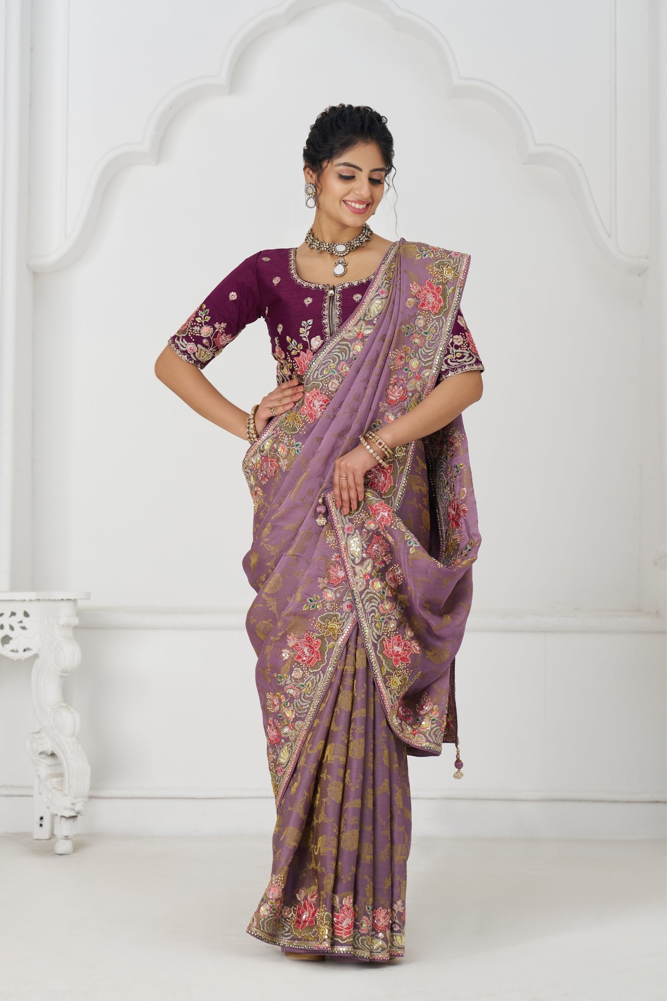 Beautiful Mauve Pure Dola Viscose Silk Wedding Perfect Saree