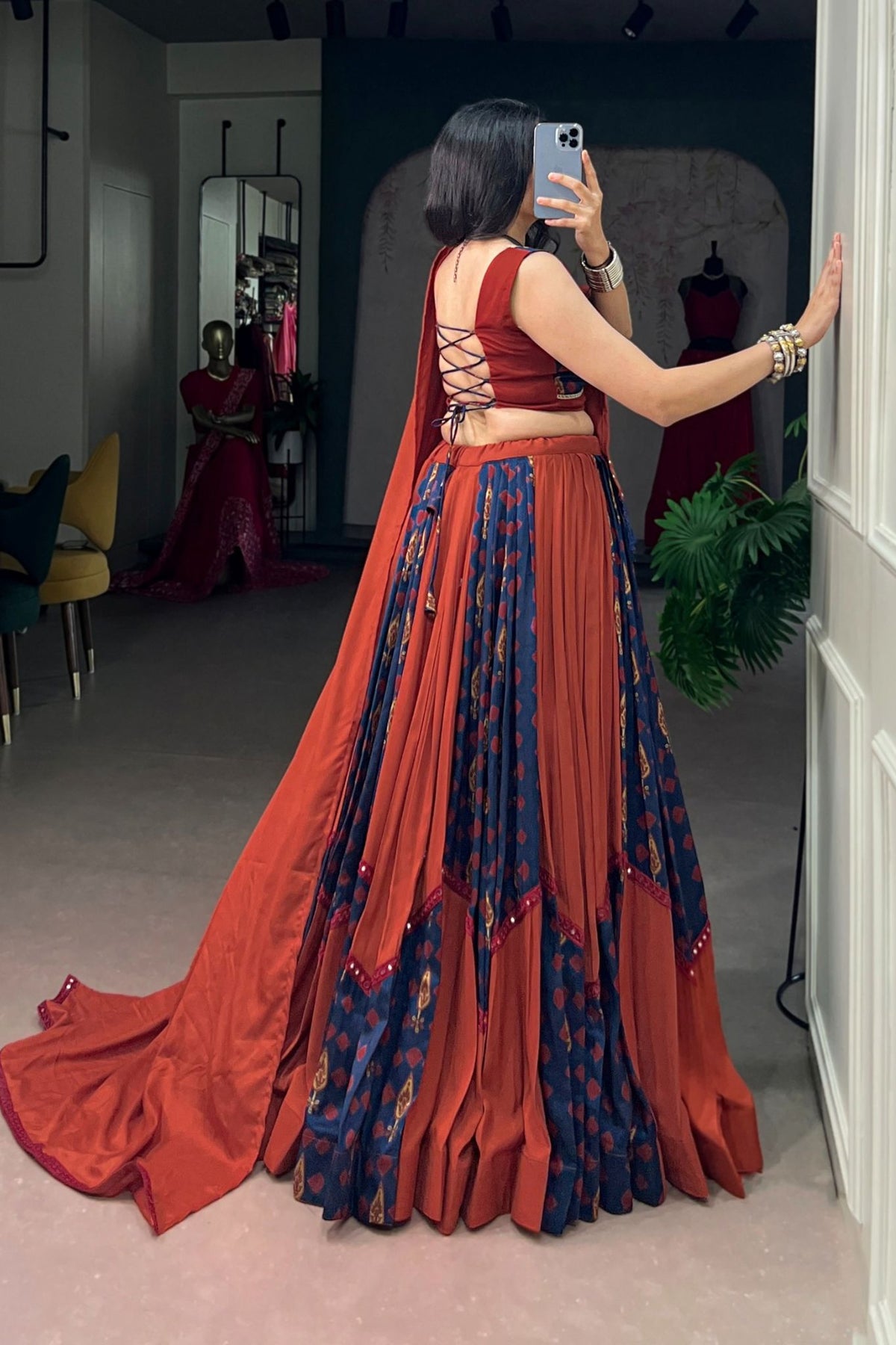 Rust Navy Navratri Designer Gamthi Mirror Work Lehenga Choli