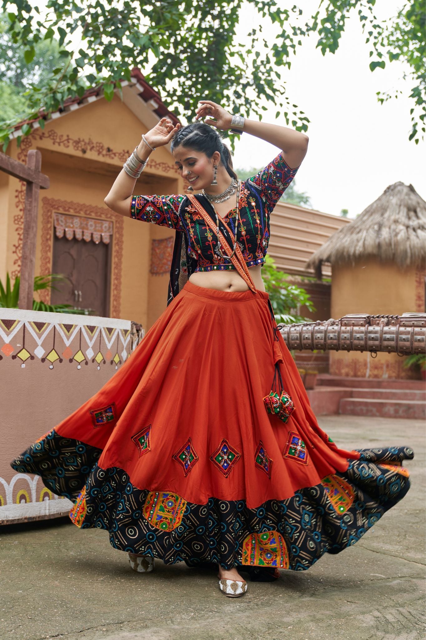 Orange And Black  Embroidered With Mirror Work Navratri Chaniya Choli