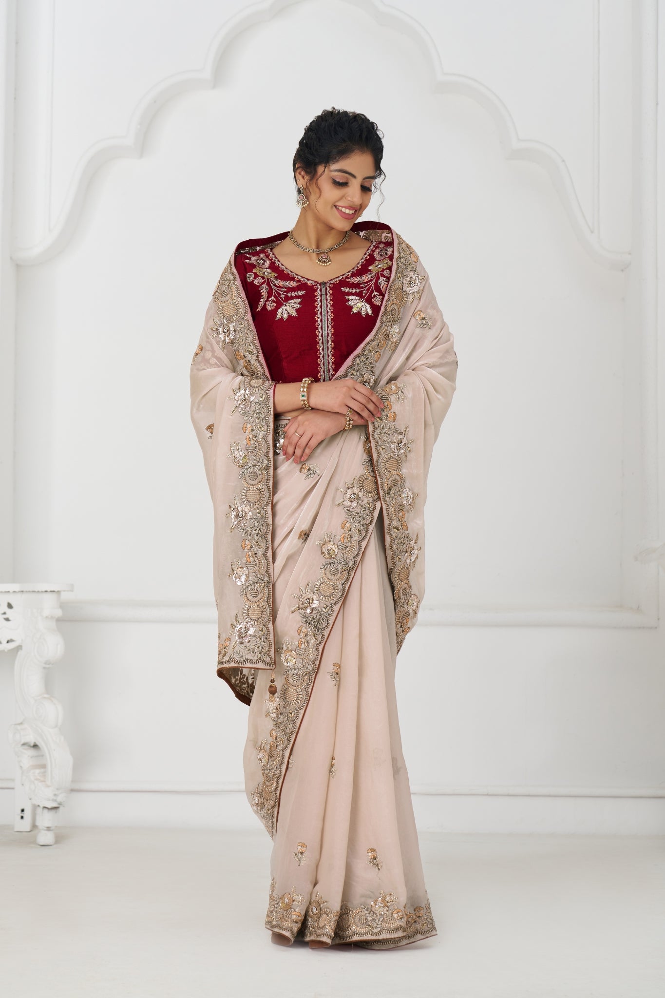Premium Pure Fendi Silk Designer Chiku Wedding Saree