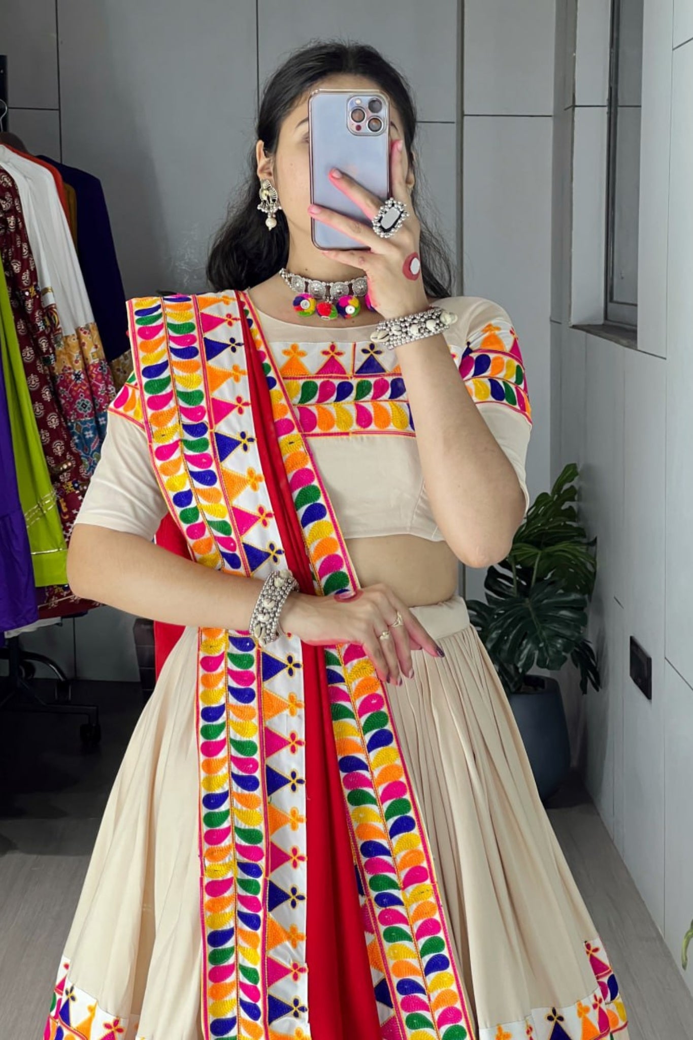 Designer Cream Navratri Lehenga Choli With Multicolor Gamthi Work And Red Rayon Cotton Dupatta