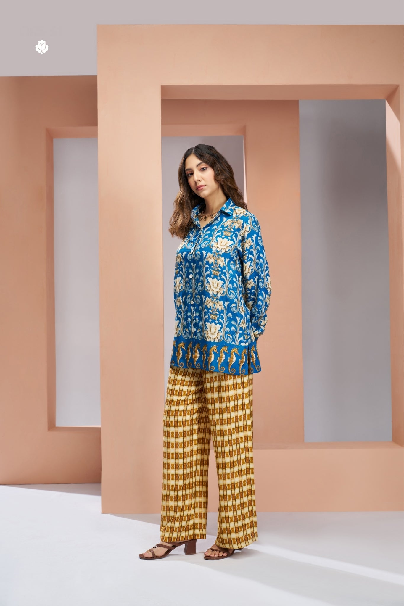 Royal Blue Floral Designer Pure Muslin Silk Co Ord Set