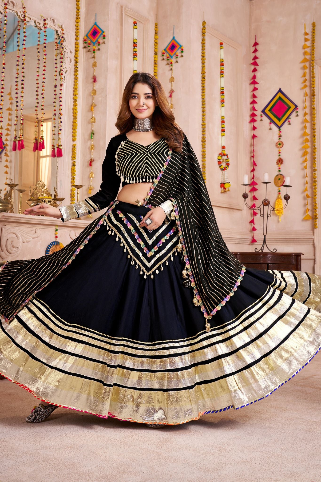 Black Handmade Designer Navratri Lehenga Choli With Jacquard Dupatta