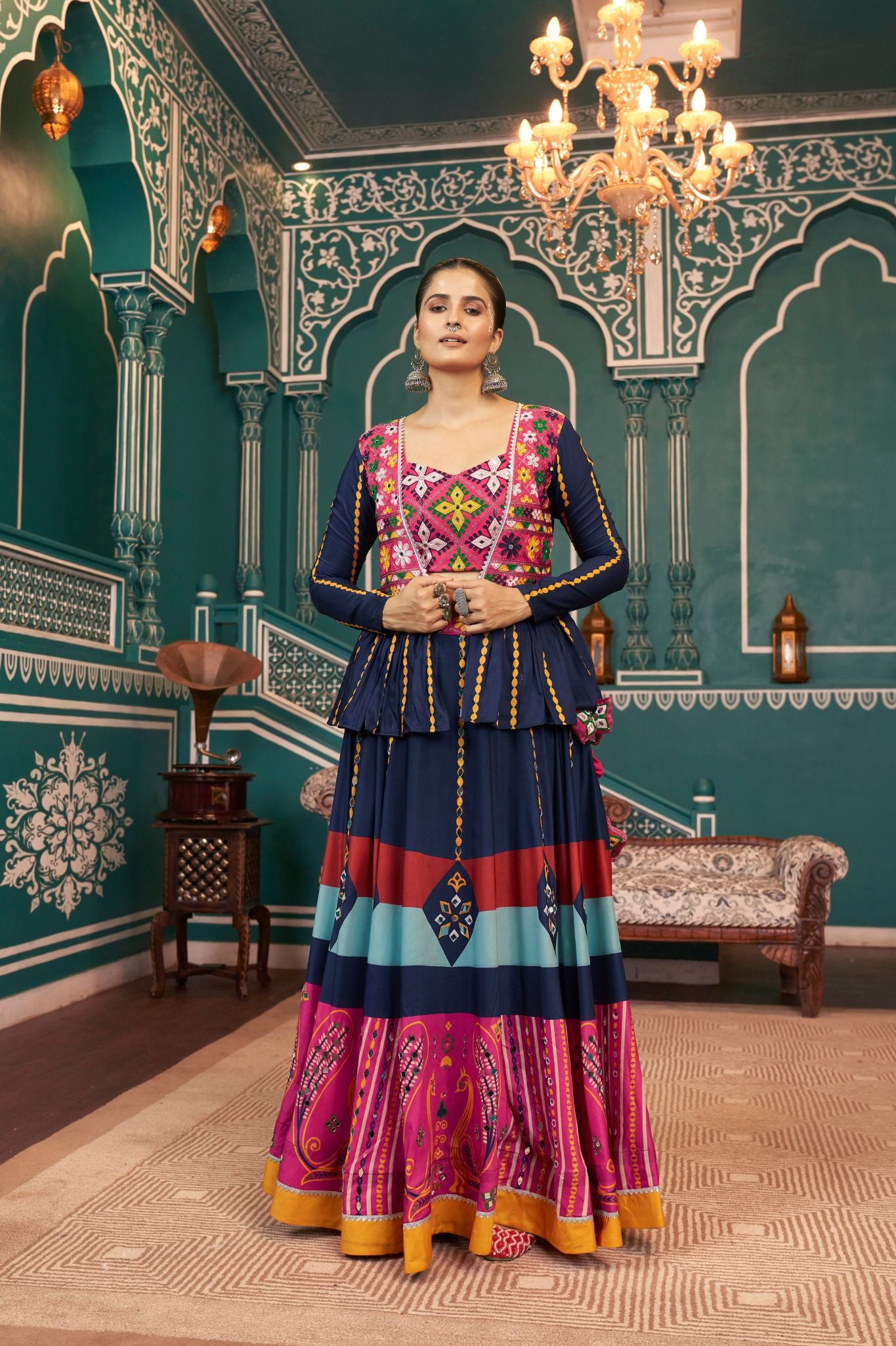 Navy Blue Stylish Poly Maska Silk Navratri Lehenga