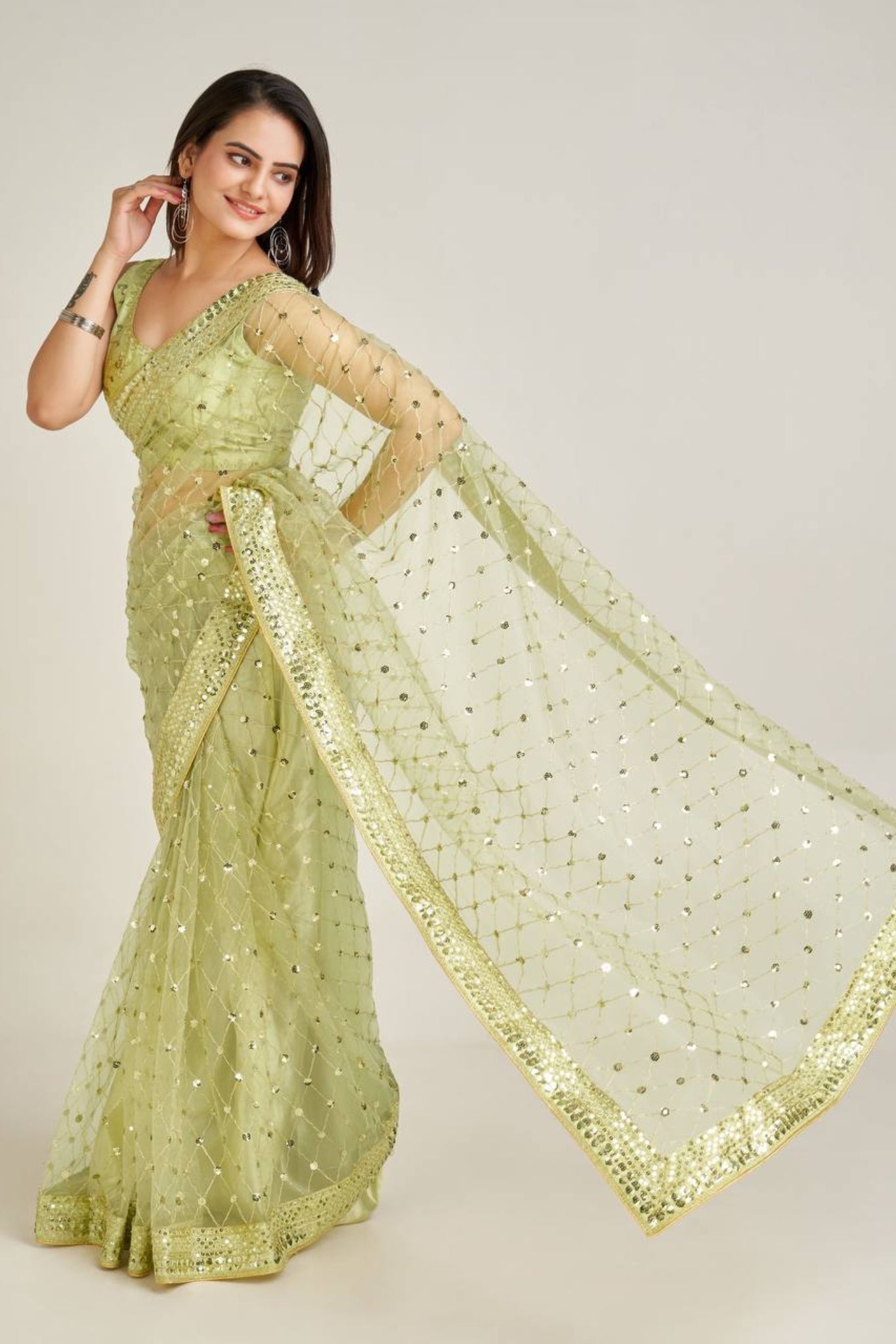 Designer Net Saree With Sequins And Dori Embroidery Work
