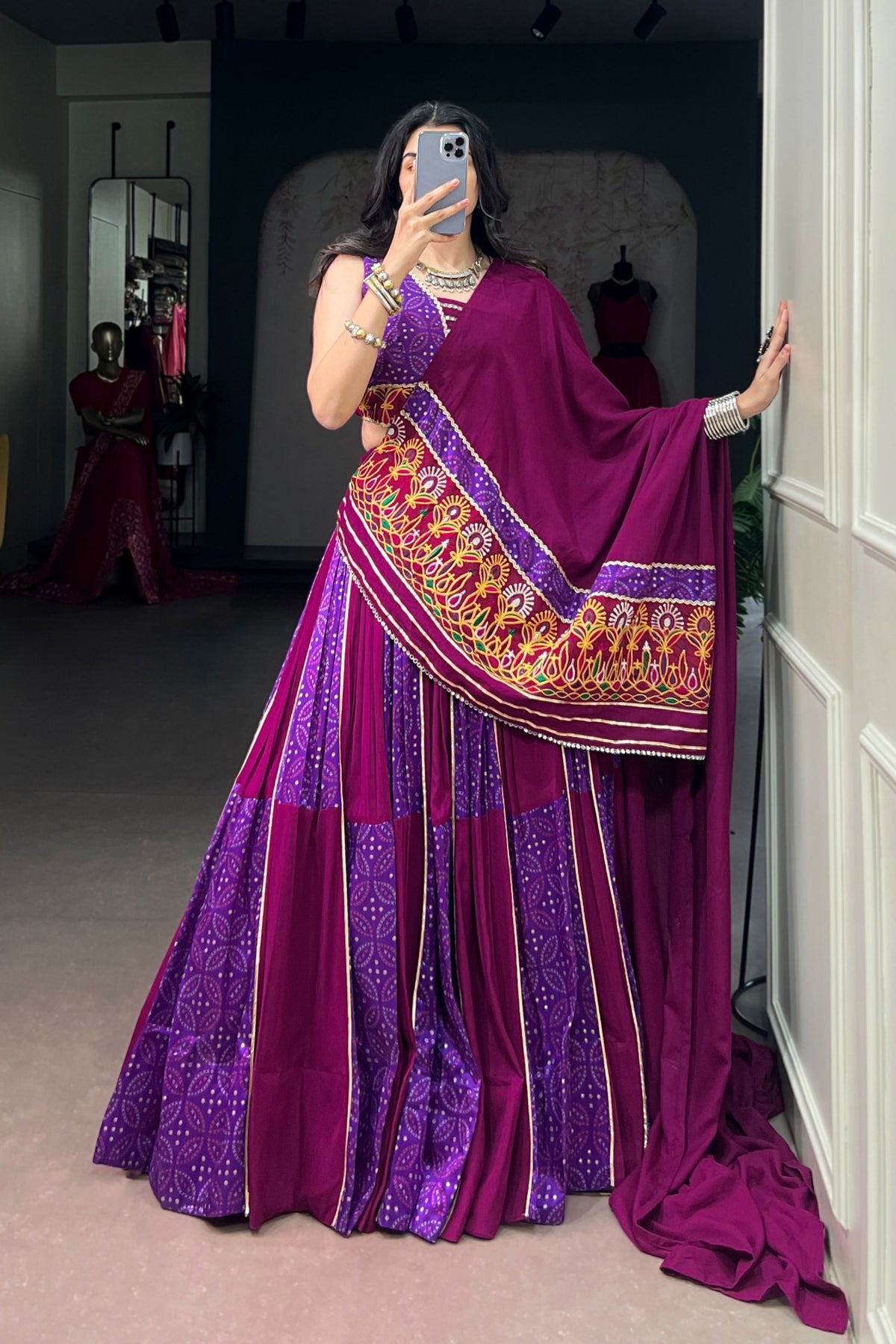 Tasar Silk Bandhej Print Panelled Lehenga With Gamthi Work Designer Lehenga Choli For Navratri