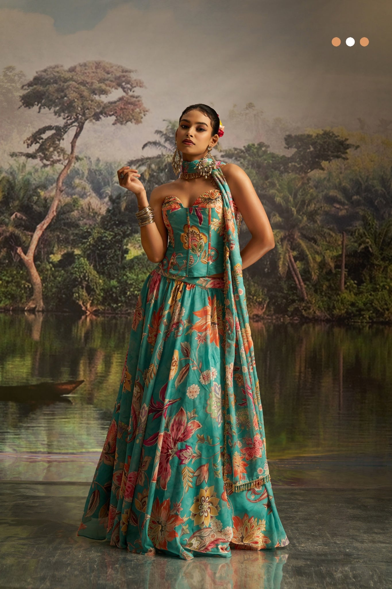 Mint Blue Floral Georgette Lehenga Set With Handwork And Corset Blouse