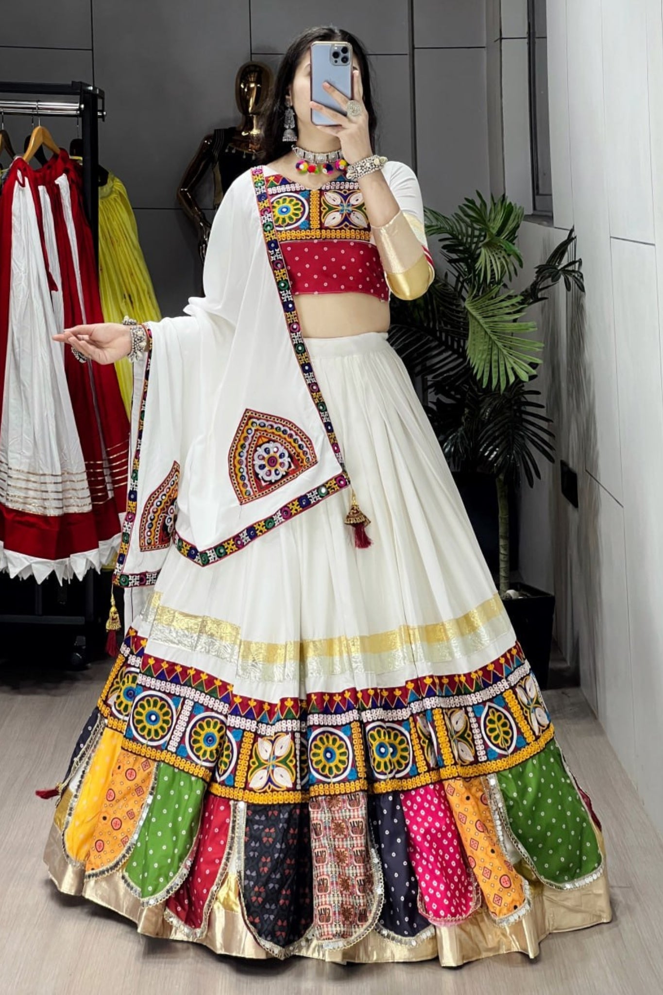 Raasrang Designer Navratri Lehenga Choli With Kutch Mirror Work & Multicolor Patch Design For Garba Dandiya