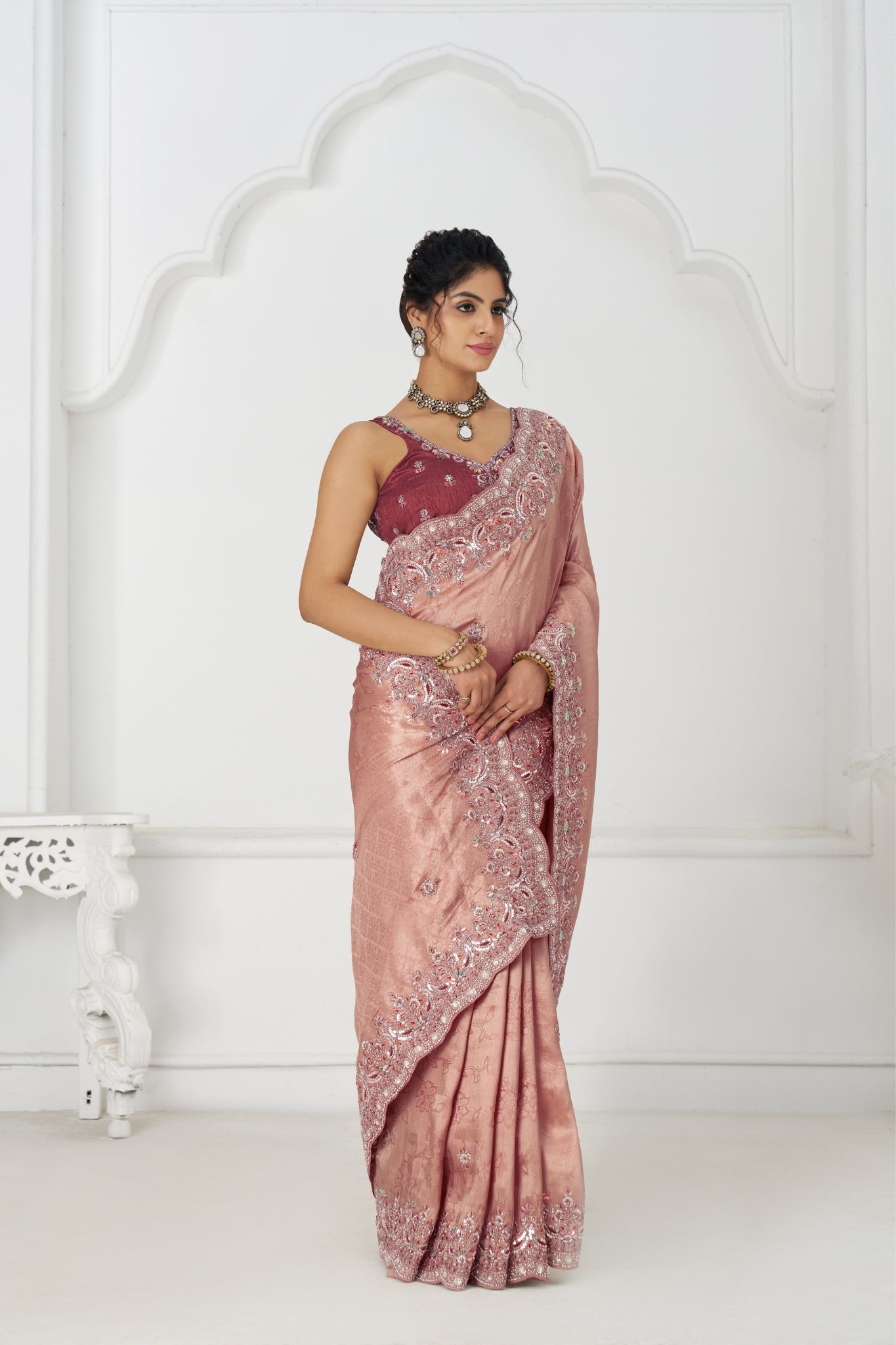 Pink Dola Viscose Silk Saree For Wedding With Beads Embroidery & Sequins Work