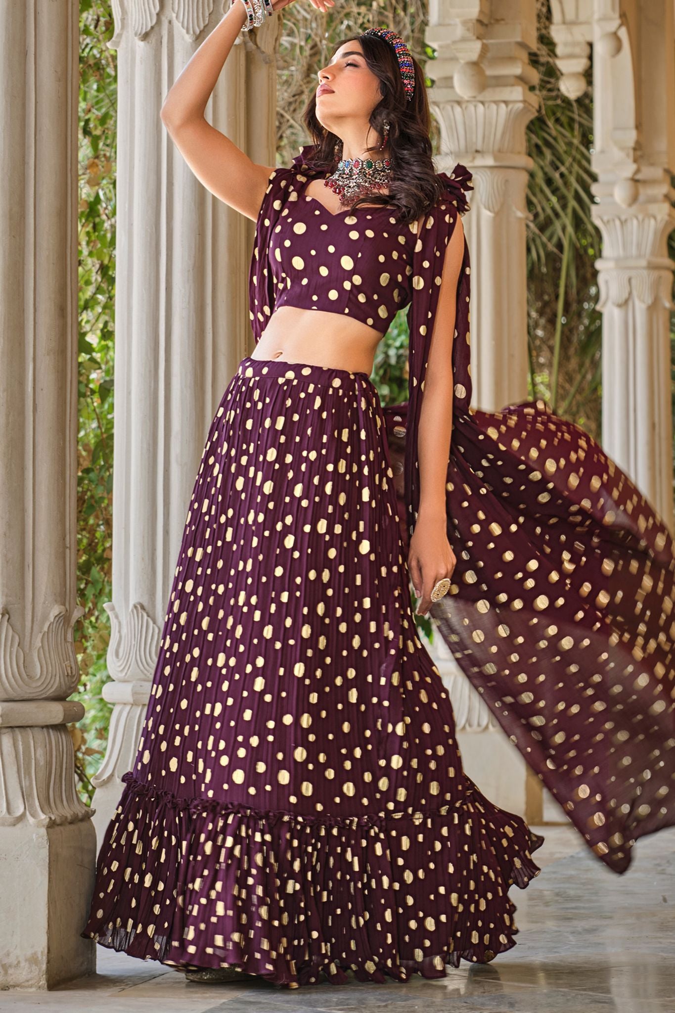 Purple Georgette Metallic Foil Work Party Wear Lehenga Choli