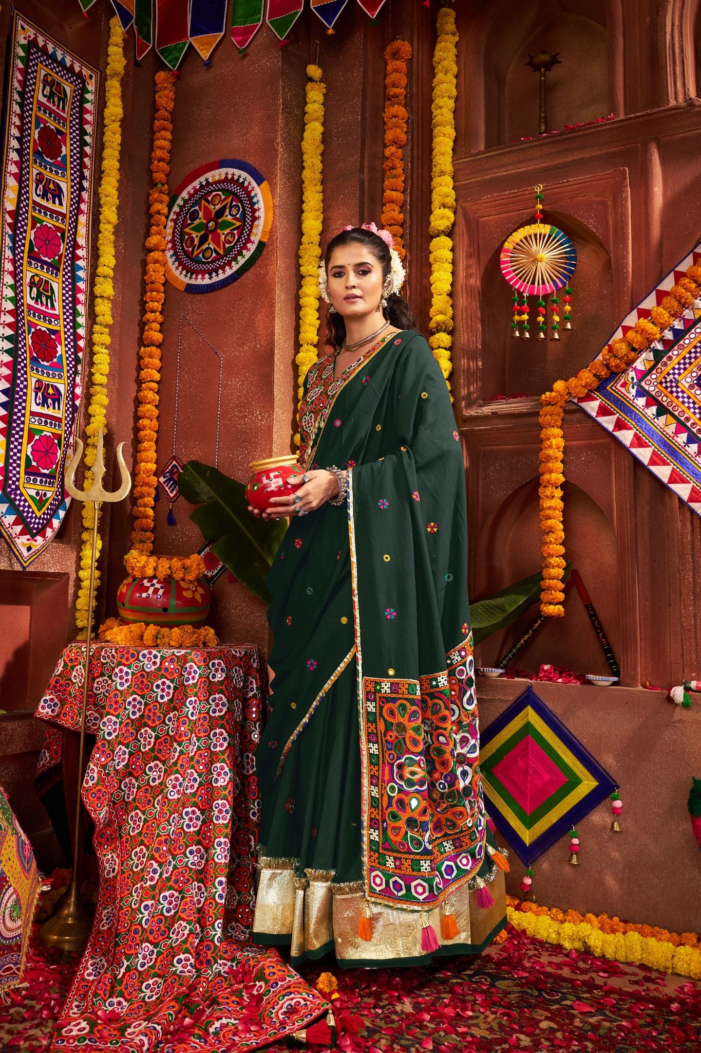 Premium Designer Green Viscose Cotton Thread With Mirror Work Navratri Lehenga CHoli