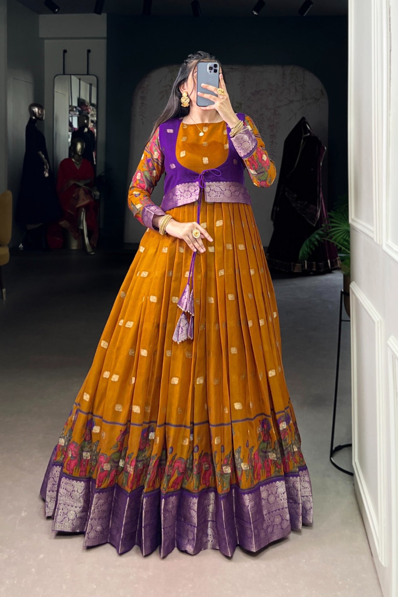 Kalamkari Printed Poly Cotton Zari Weaving Work Designer Gown