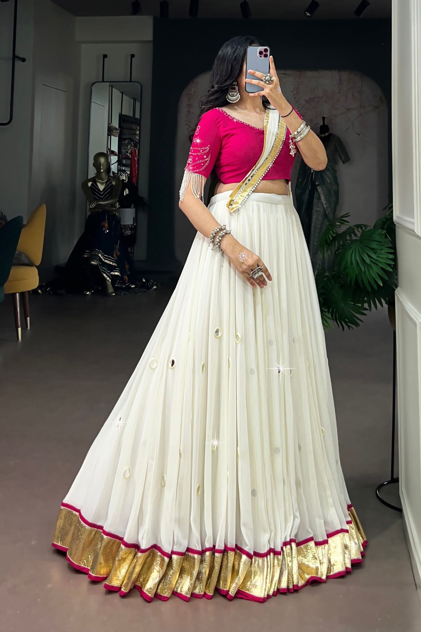 Raasrang Moonlight White Navratri Designer Lehenga Choli With Pink Blouse
