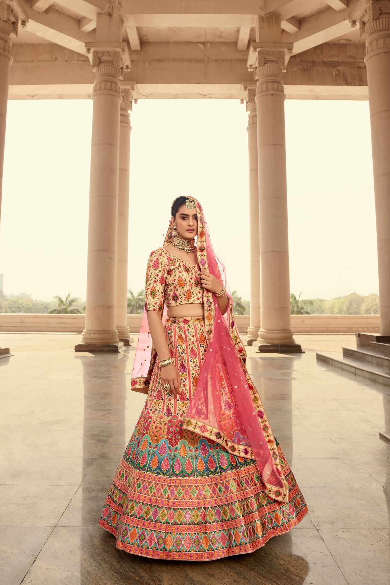 Beige Embroidery With Print And Swarovski Work Bridal Lehenga For Wedding