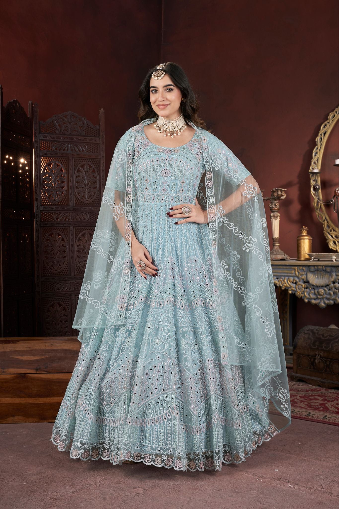 Sky Blue Sparkle Thread Embroidery With Zarkan And Mirror Work Gown