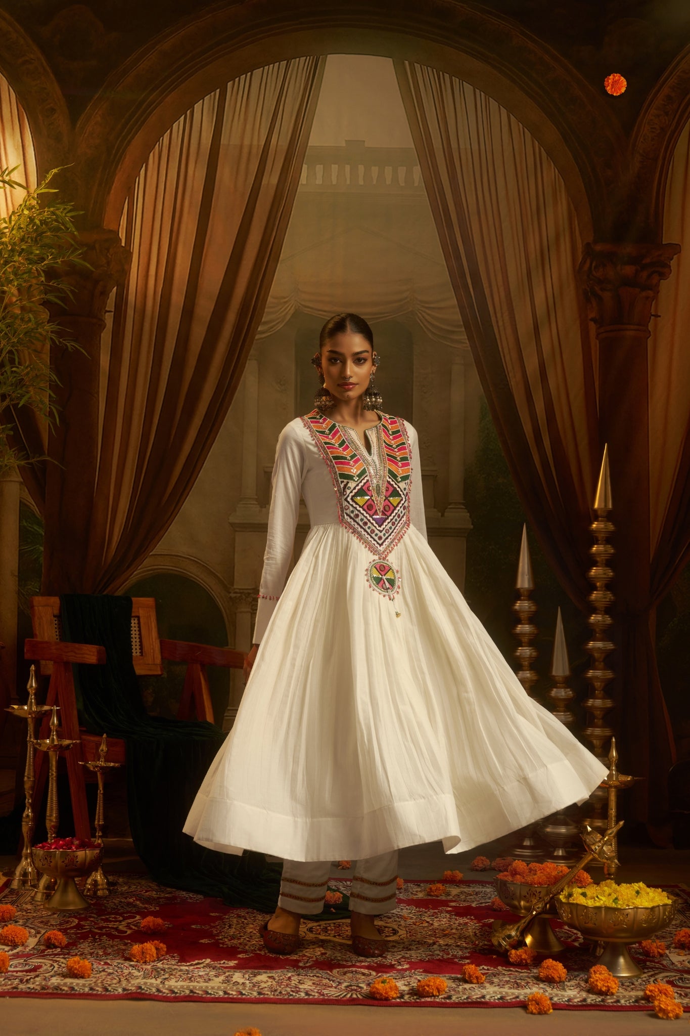 White Mul Cotton Hand embroidered Mirror Work Anarkali Set For Women