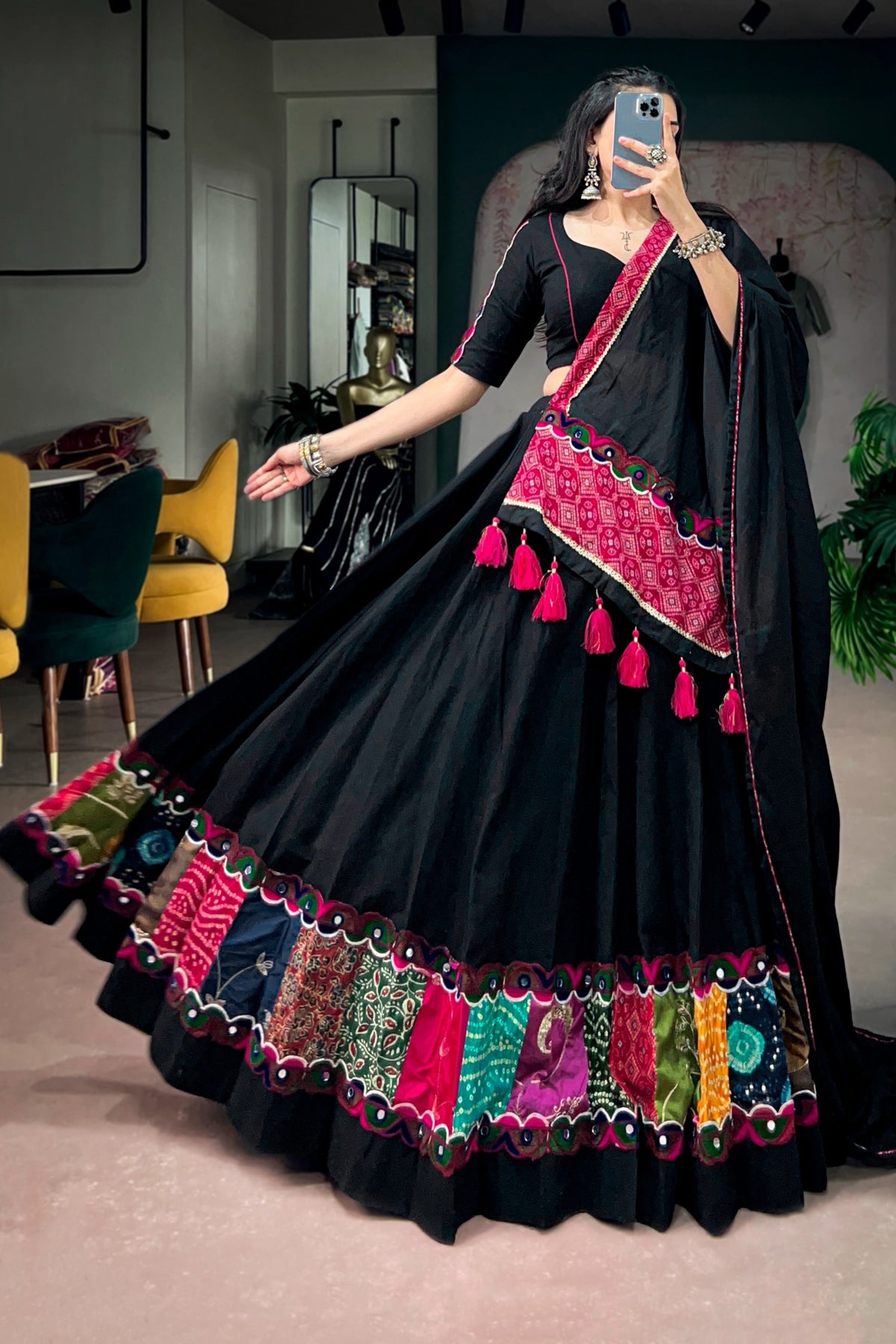 Designer Black Khadi Cotton Navratri Lehenga Choli
