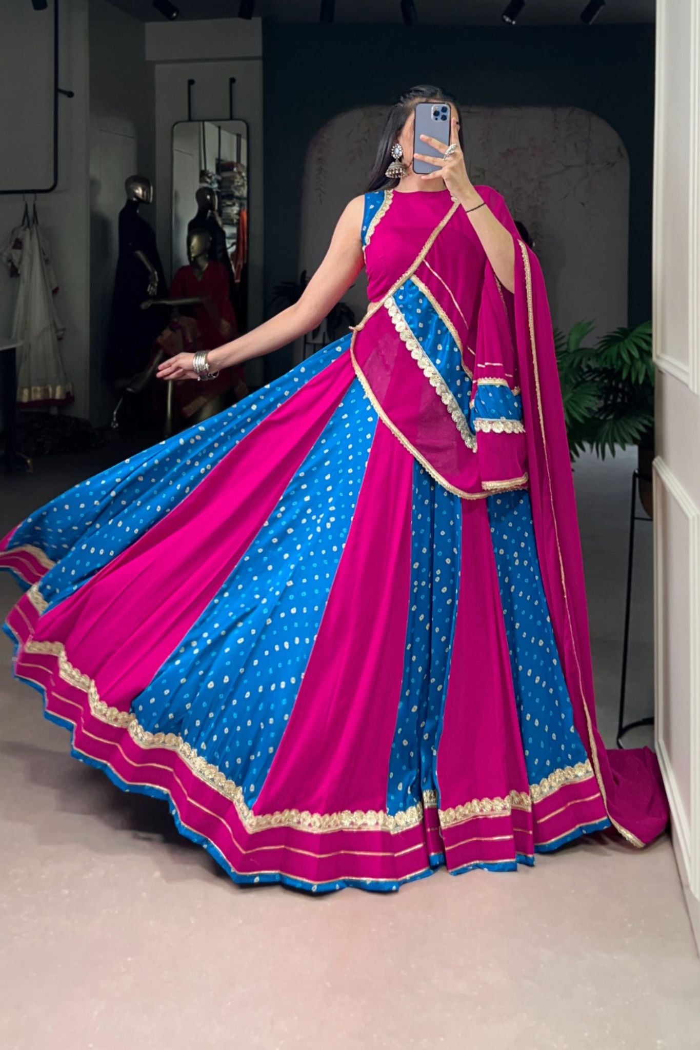 Pink And Blue Designer Bandhej Print Beautiful Lehenga Choli