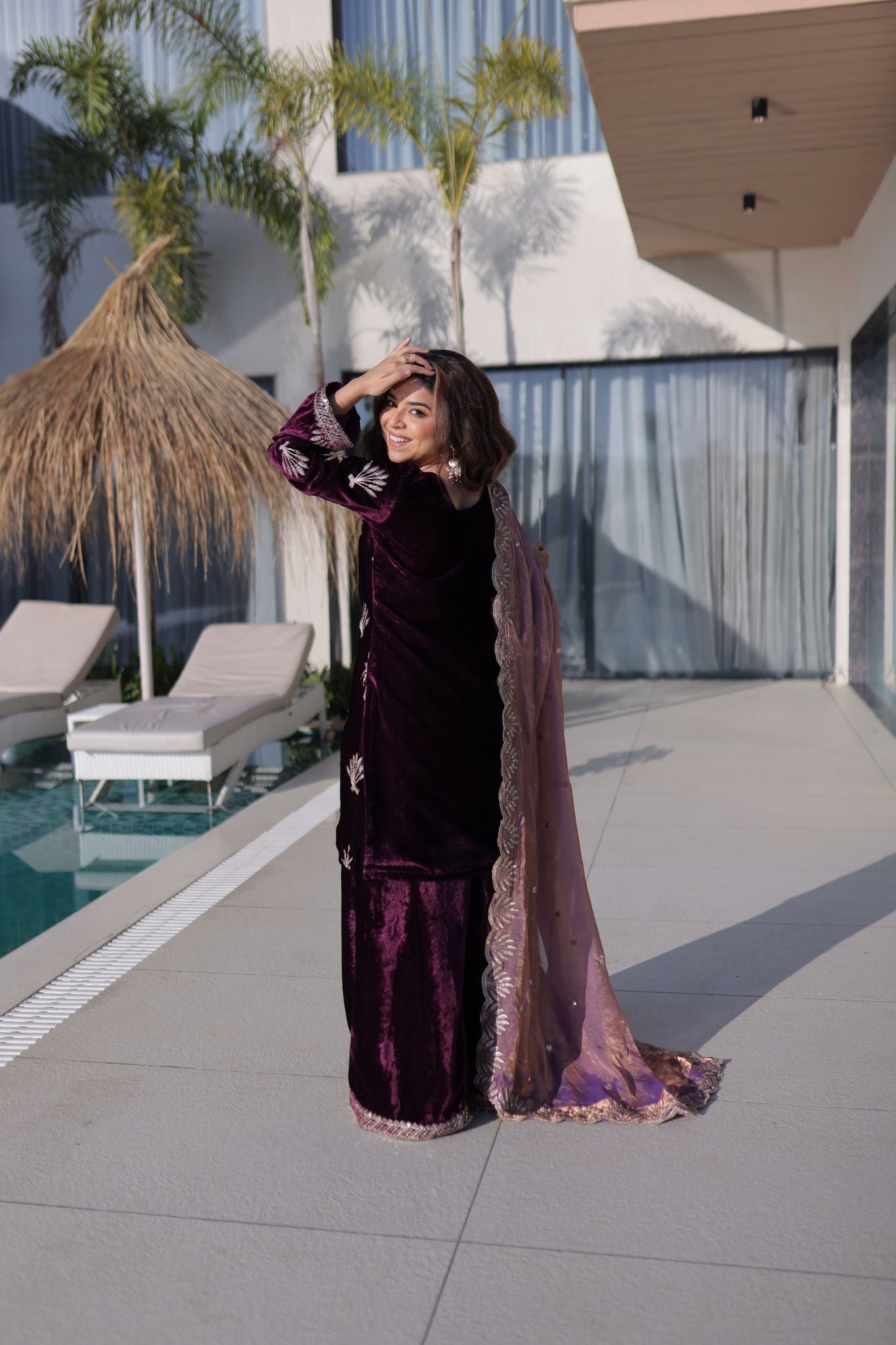 Royal Plum Ice Velvet Zari Embroidered Kurta Palazzo Set With Designer Dupatta