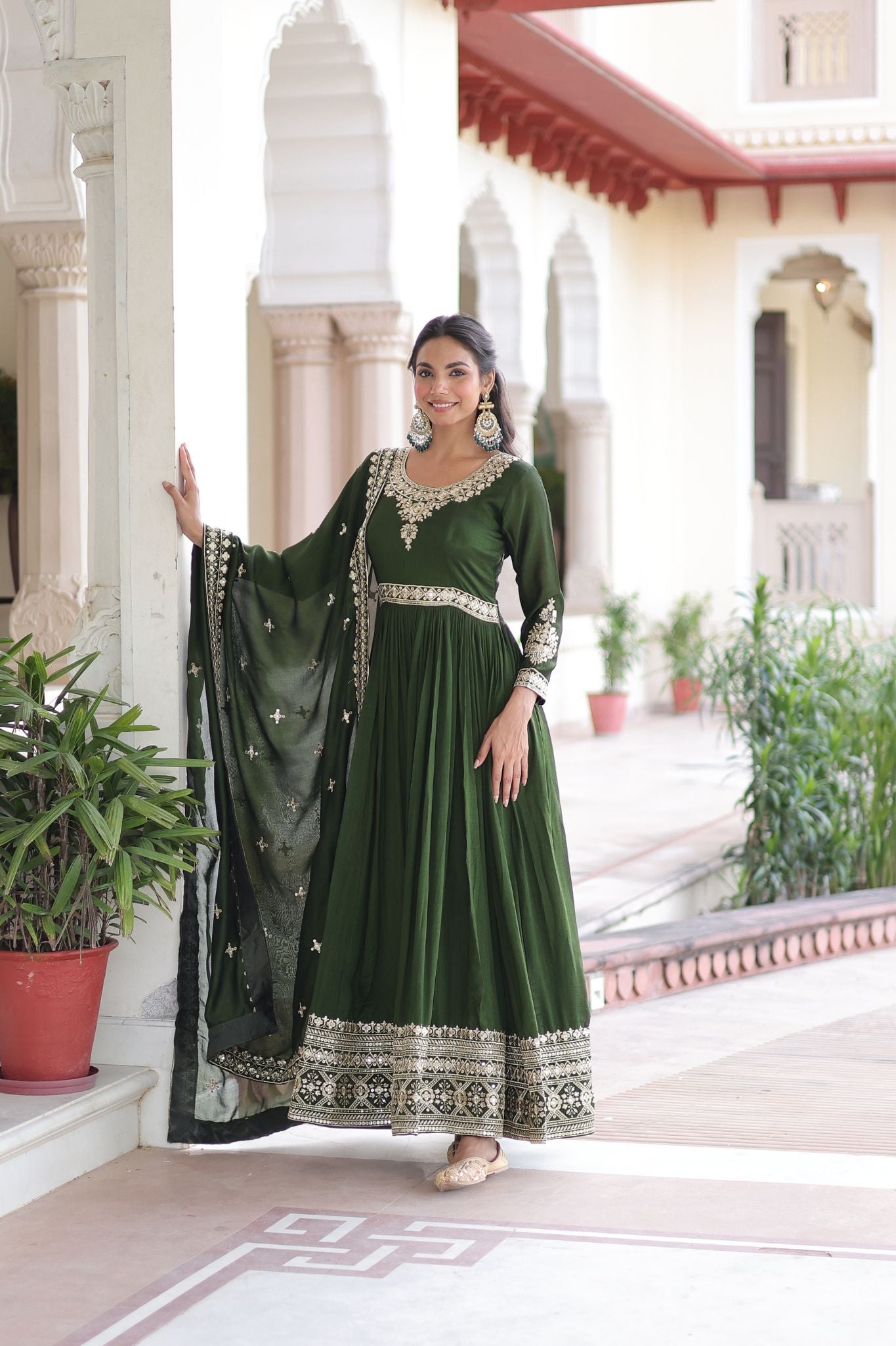 Luxury Vichitra Silk Embroidered Gown Set