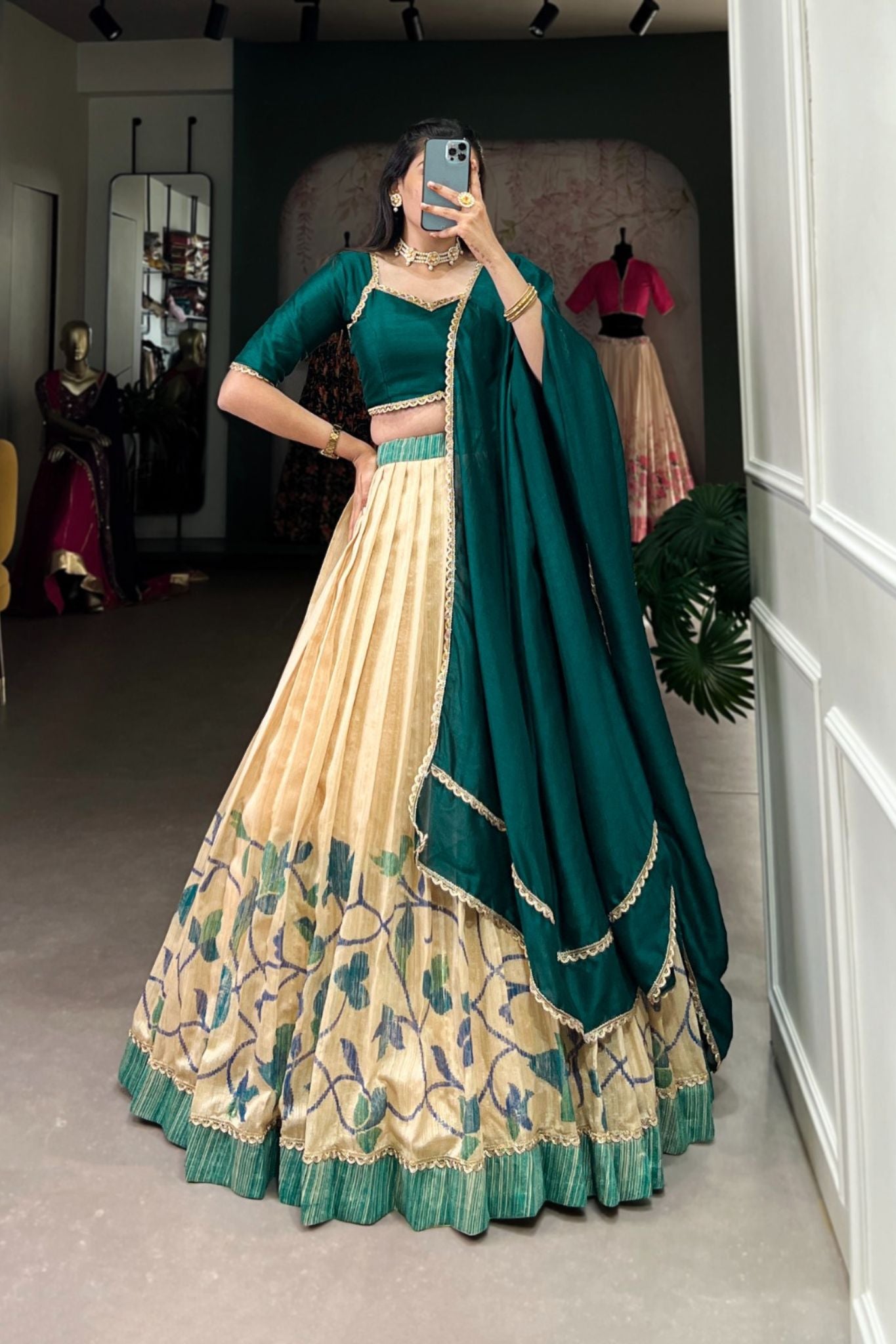 South Indian Style Green Silk Fabric Beautiful Lehenga Choli