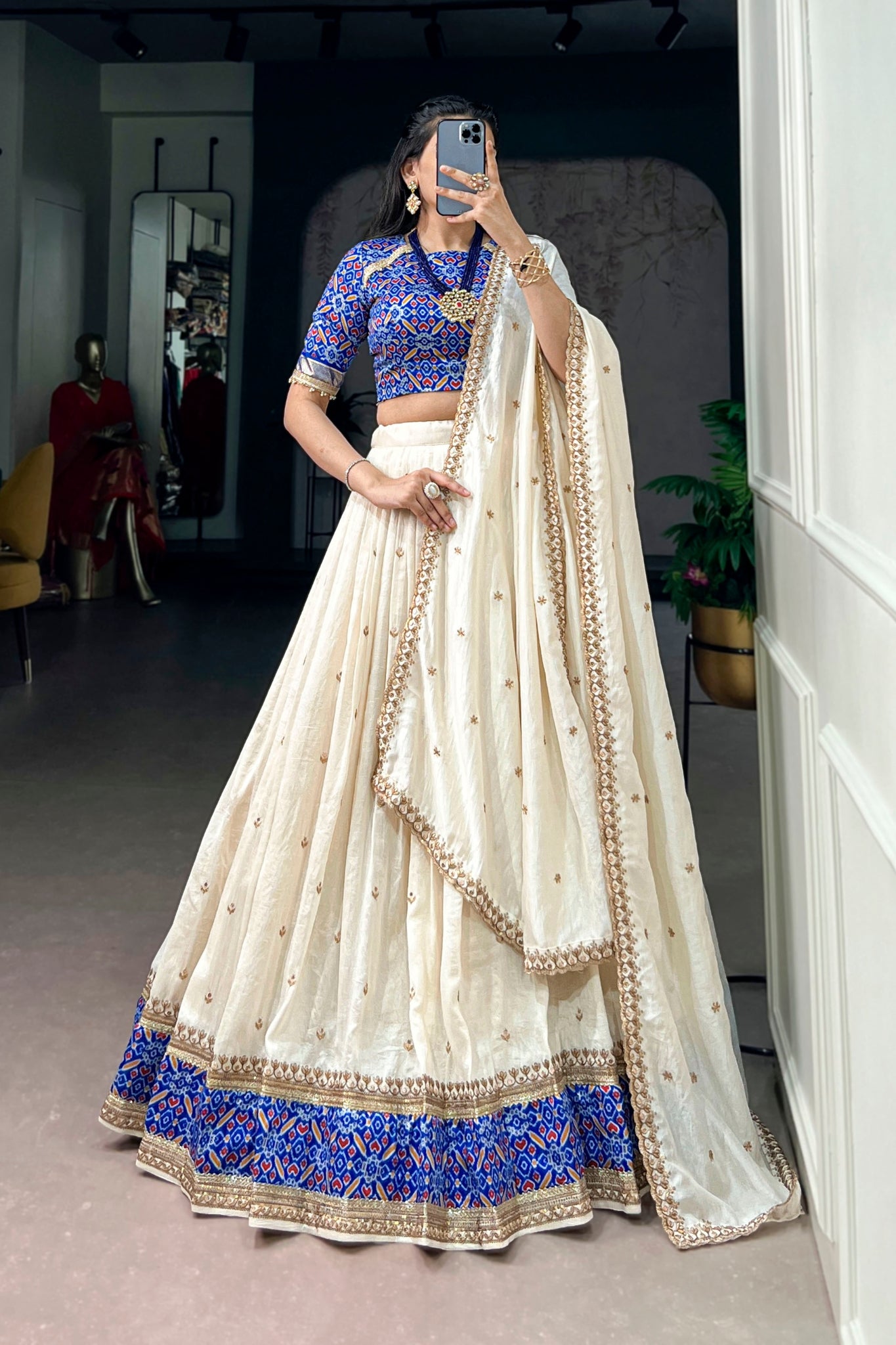 Designer Ivory And Royal Blue Embroidered Lehenga Choli For Women