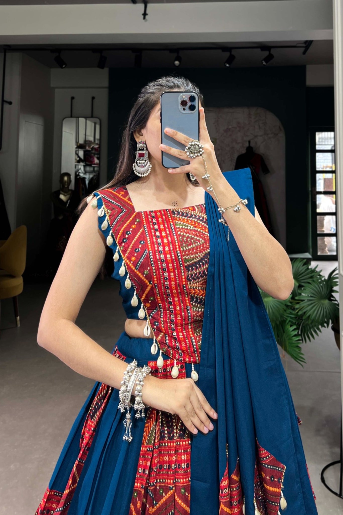 Blue Designer Printed With Foil Work Ready Made Navratri Lehenga Choli