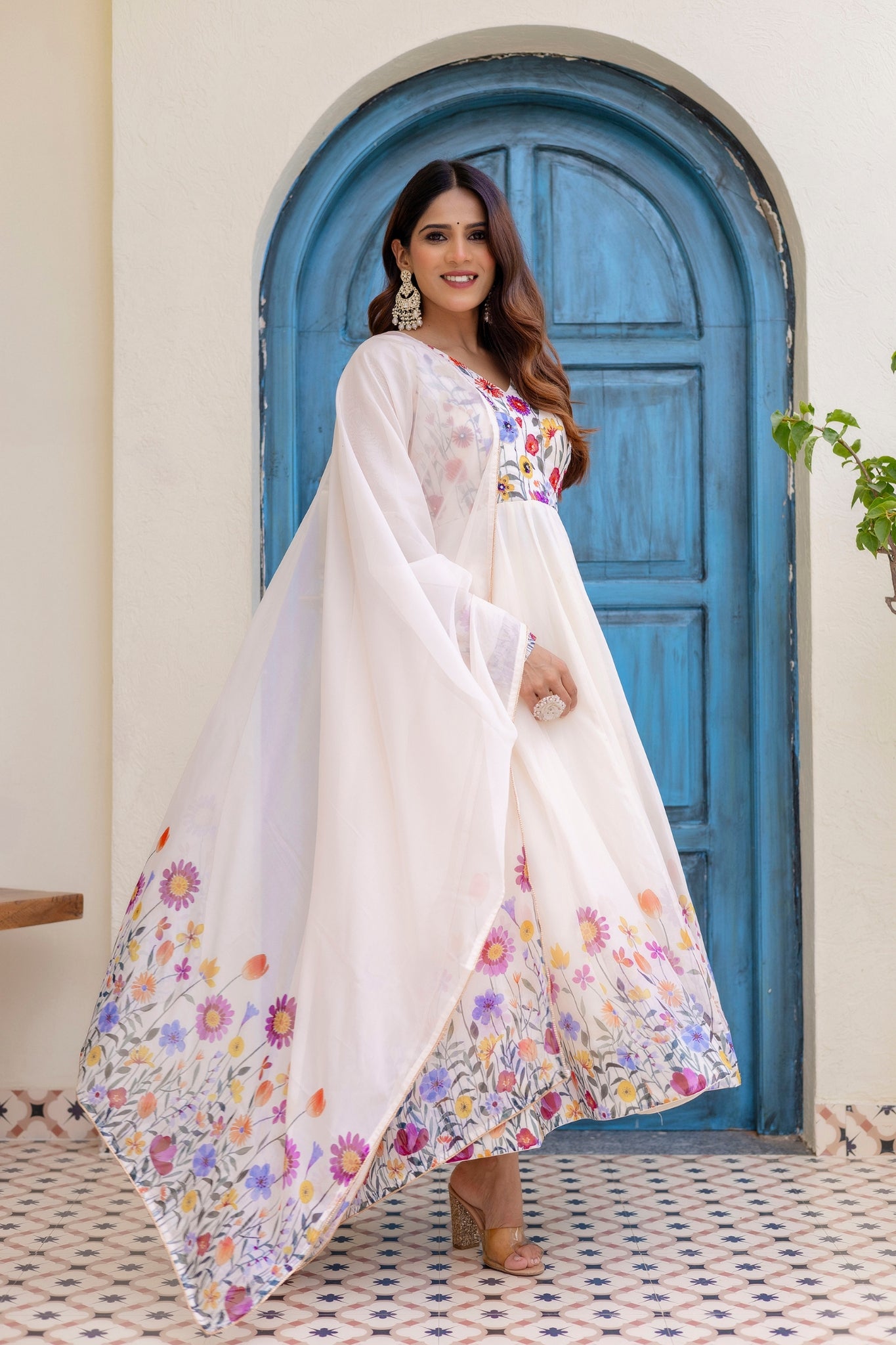 Premium Floral Organza Anarkali Set With Dupatta