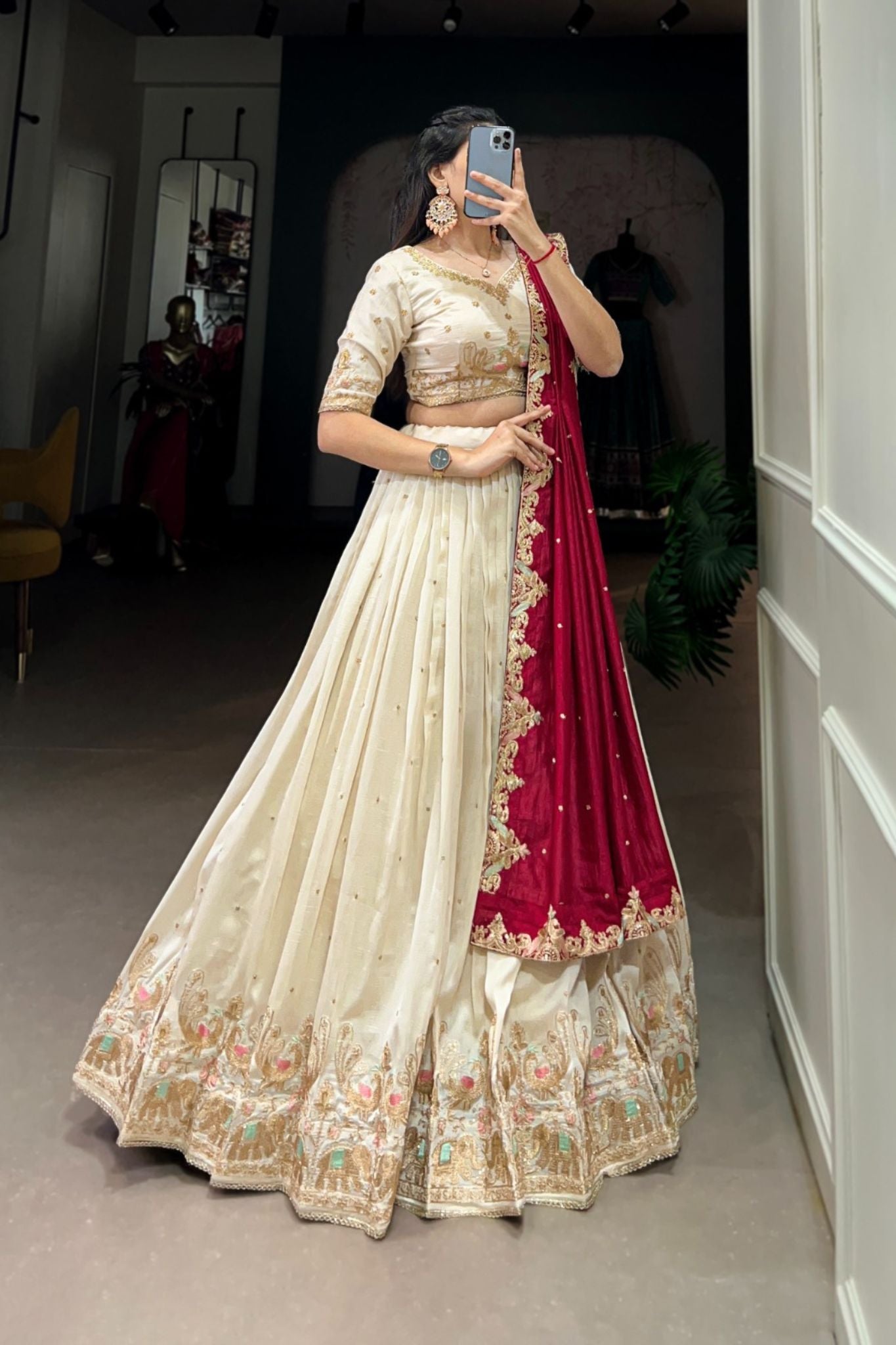 Sequins Thread Embroidery Work Off White Wedding Lehenga Choli