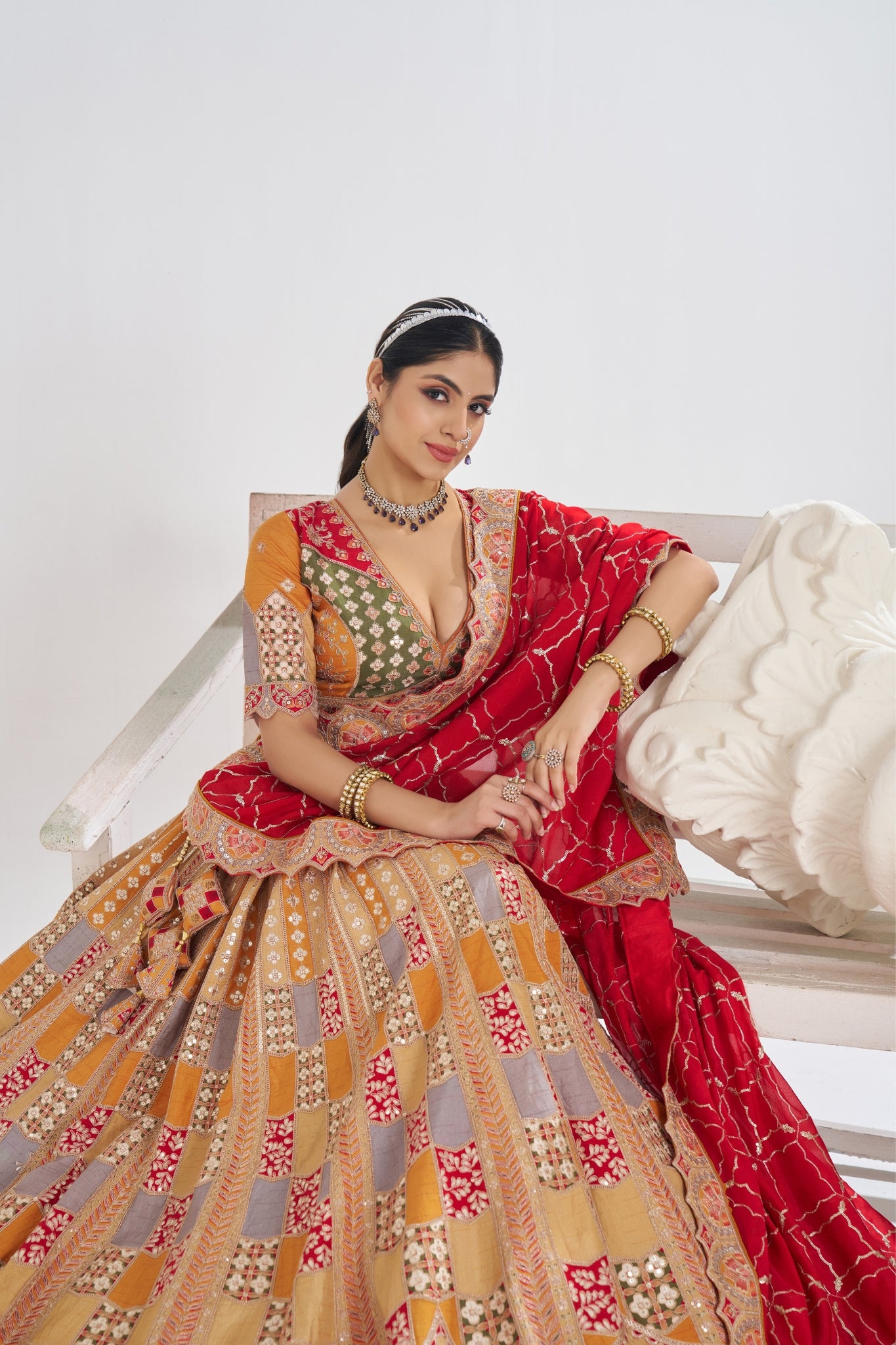 Stunning Mustard Beautiful Designer Sequins With Aari Work Wedding Lehenga Choli