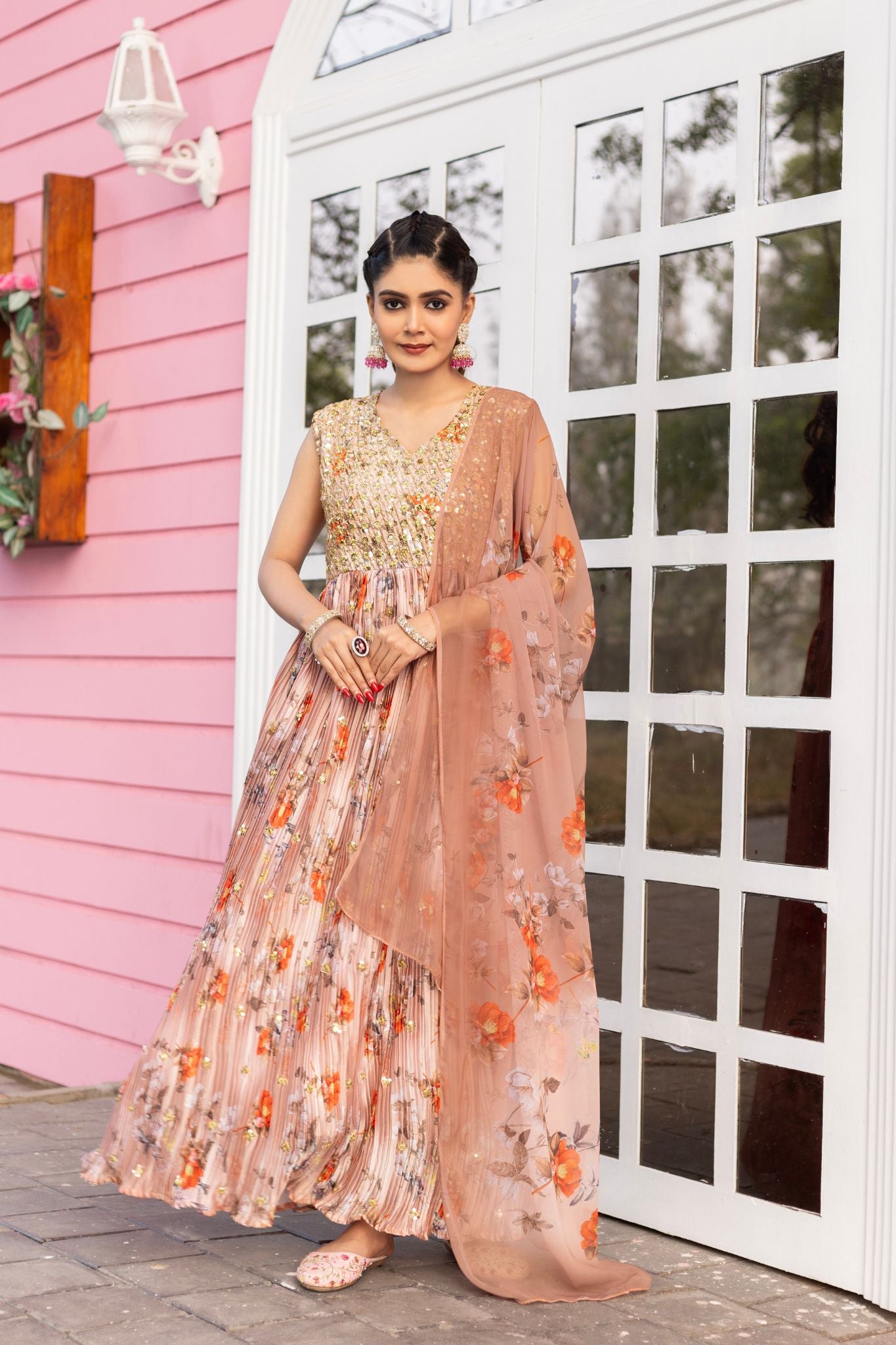 Rich Sequins Embroidered With Printed Designer Gown With Dupatta