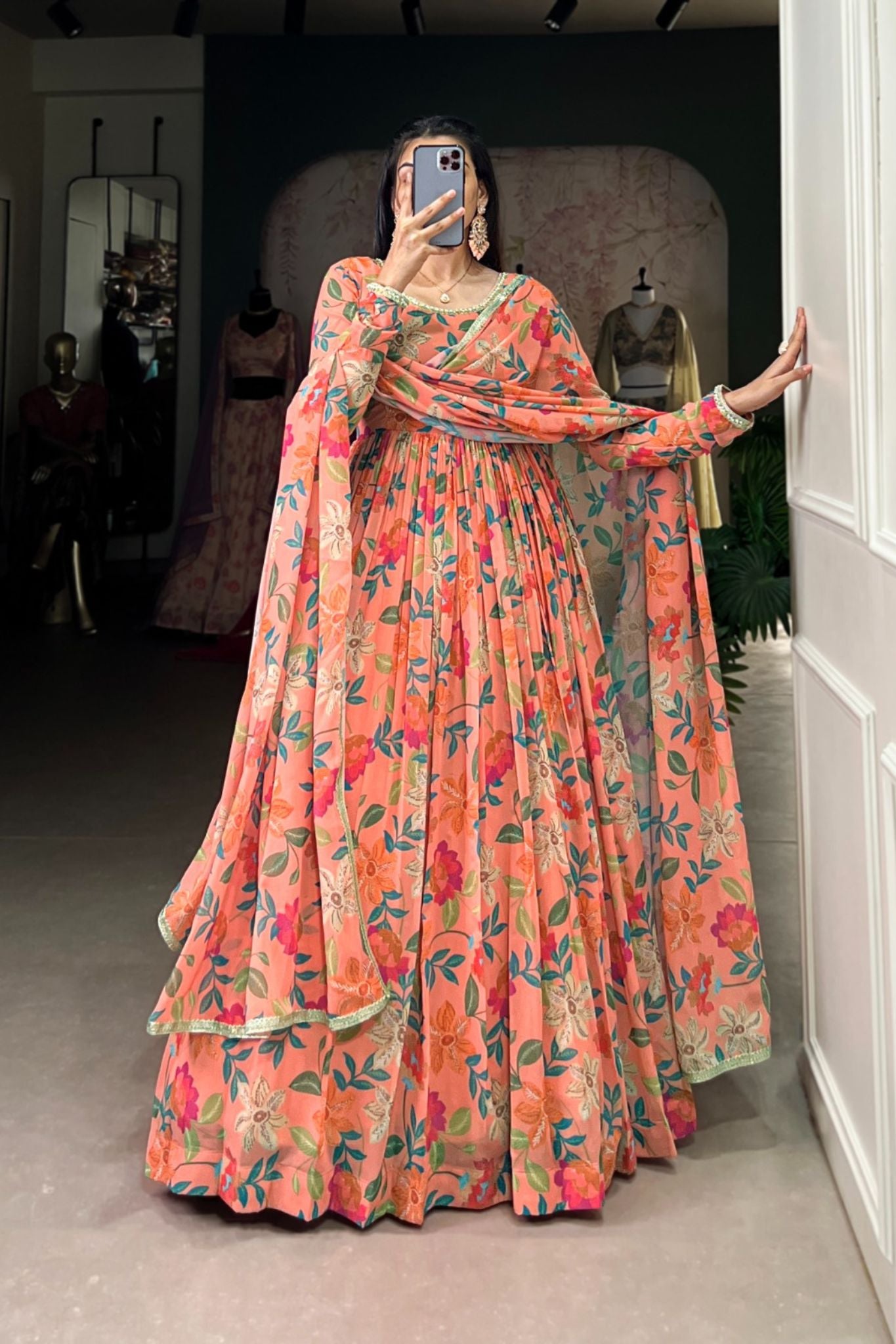 Georgette Floral Printed Peach Anarkali Set