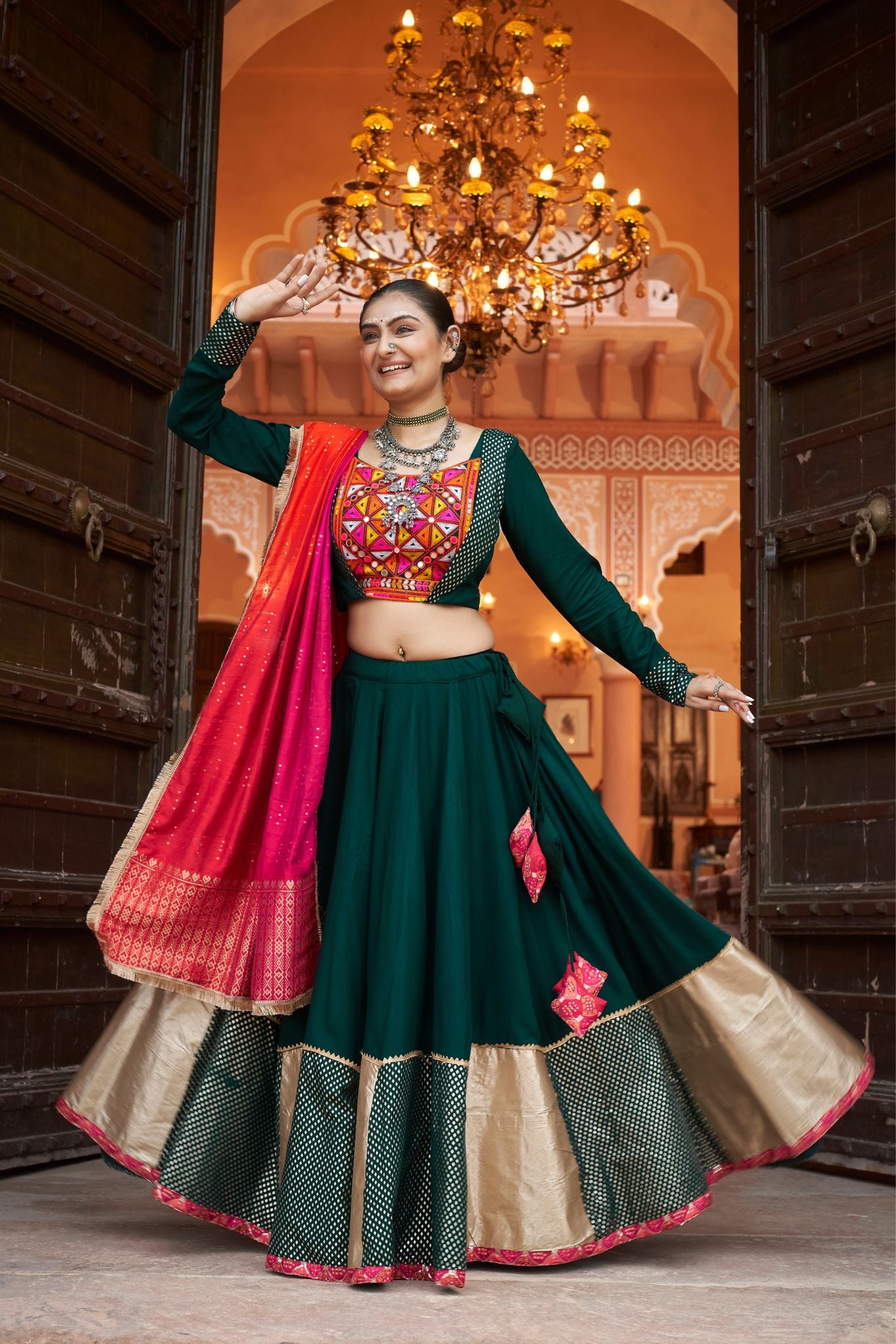 Green Viscose Rayon Designer Navratri Lehenga Choli