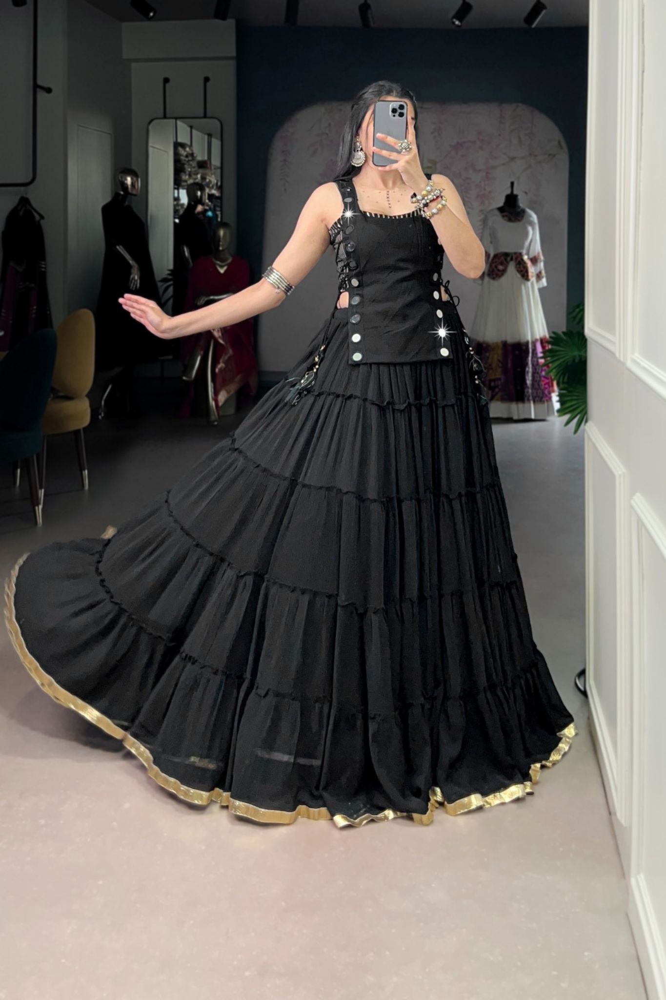 14 Meter Full Gher Navratri Showstopper Lehenga Choli With Mirror Koti