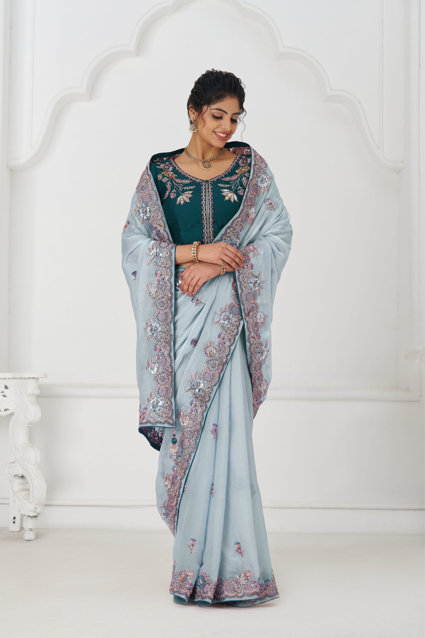 Stunning Wedding Designer Grey Pure Fendi Silk Saree