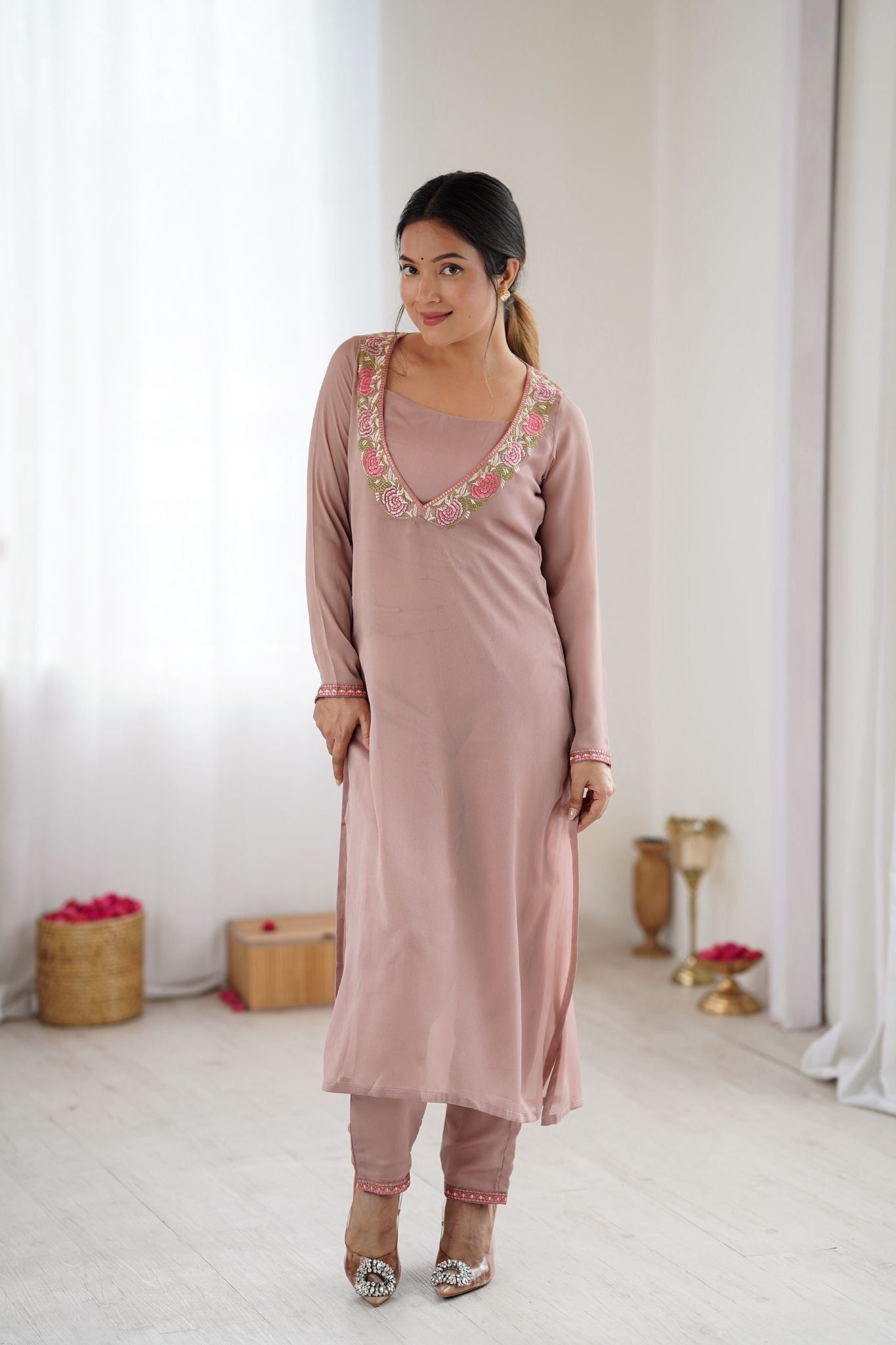 Dusty Rose Floral Embroidered Designer 3 Piece Co-Ord Set for Women