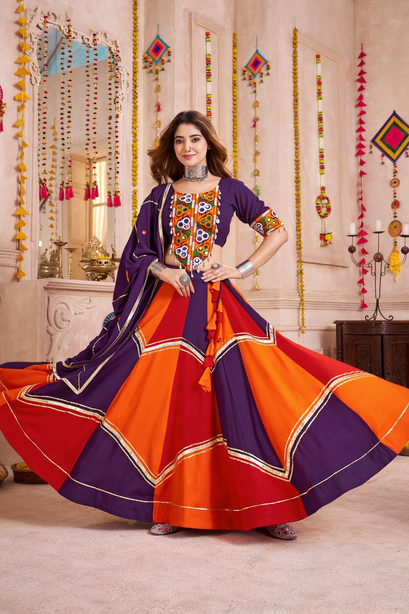 Designer Navratri Lehenga Choli With Handmade Ribbon And Mirror Work Dupatta