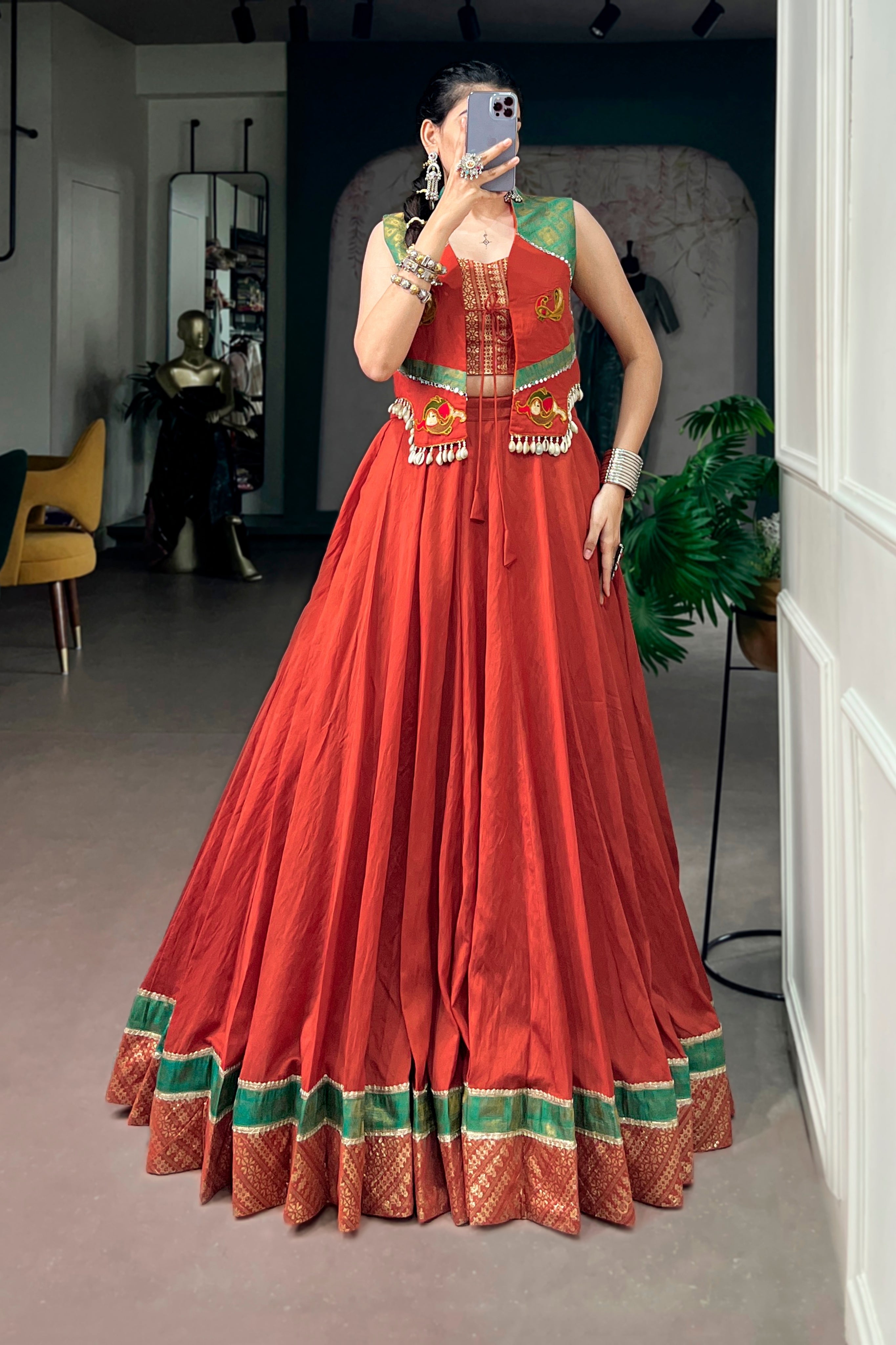 Raasrang Special Navratri Designer Pure Chanderi Rust Lehenga Choli